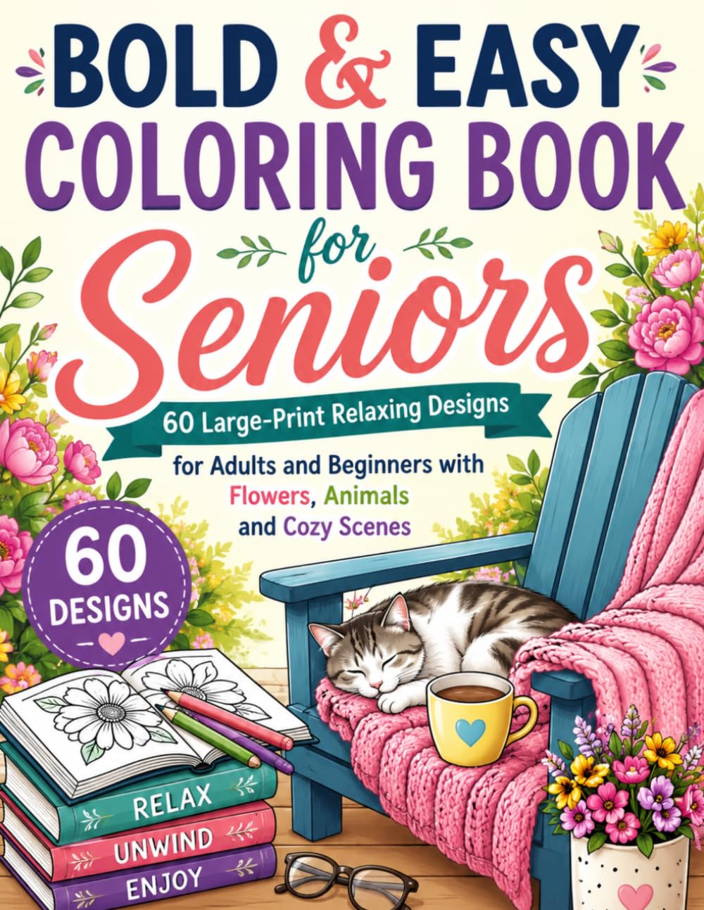 Bold & Easy Coloring Book for Seniors: 60 Large-Print Relaxing Designs for Adults and Beginners with Flowers, Animals and Cozy Scenes