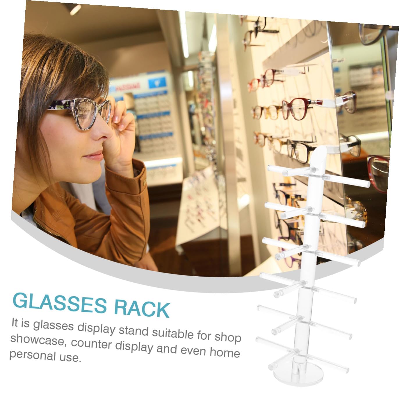 NUOBESTY Espositore per Occhiali in Acrilico Trasparente Design Moderno e Struttura Stabile per Negozio di Ottica, Ufficio o Casa – Supporto da Banco per Occhiali da Vista e Sole