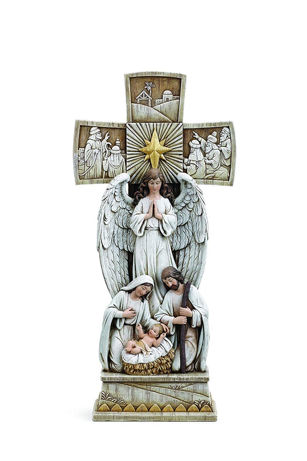 Napco Holy Family Angel Nativity Scene Cross 7 x 14 Inch Resin Tabletop Figurine