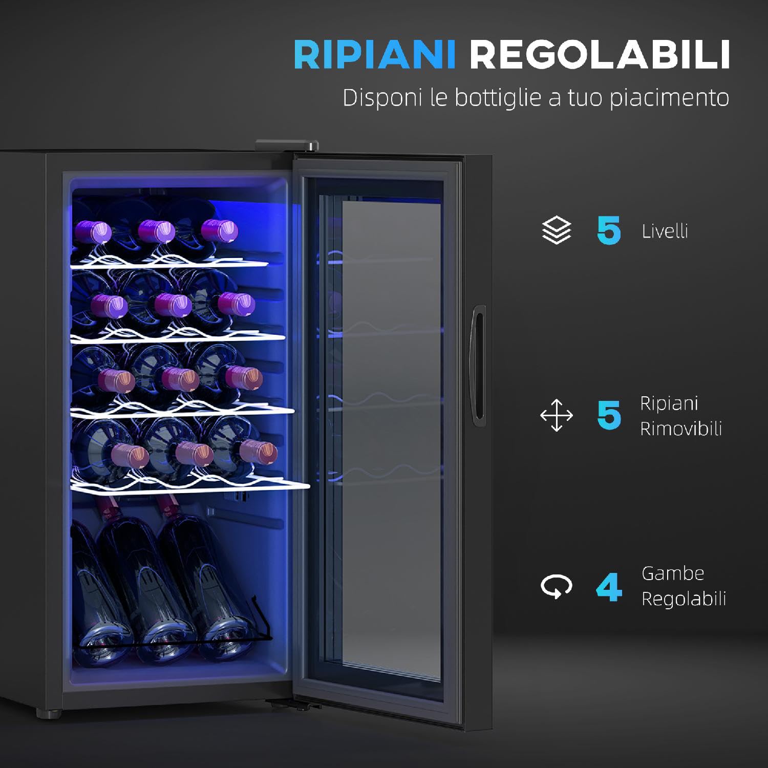Cantinetta Vino Frigo per 15 Bottiglie Capacità 44L con Controllo Temperatura e Ripiani Regolabili Nero