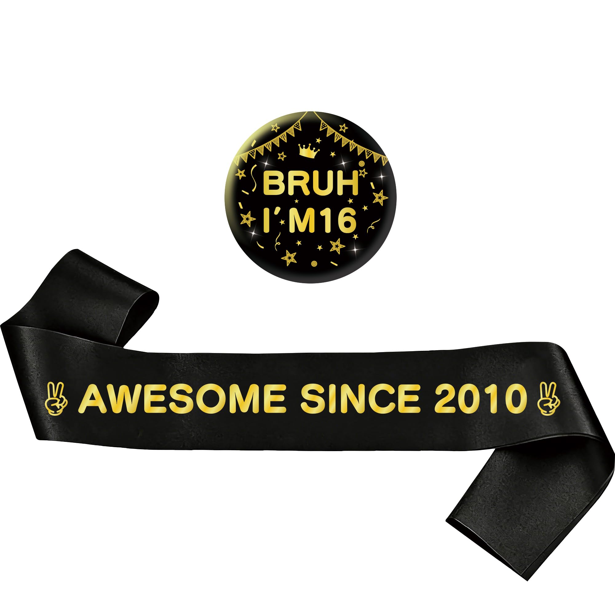 Yiiyyuuko 16th Birthday Decorations Badge Sash - Black Gold Vintage Awesome Since 2010 Sash and Badge Accessory Gift for Boys Girls Sweet 16 Year Old Retro Theme Happy Birthday Party Supplies