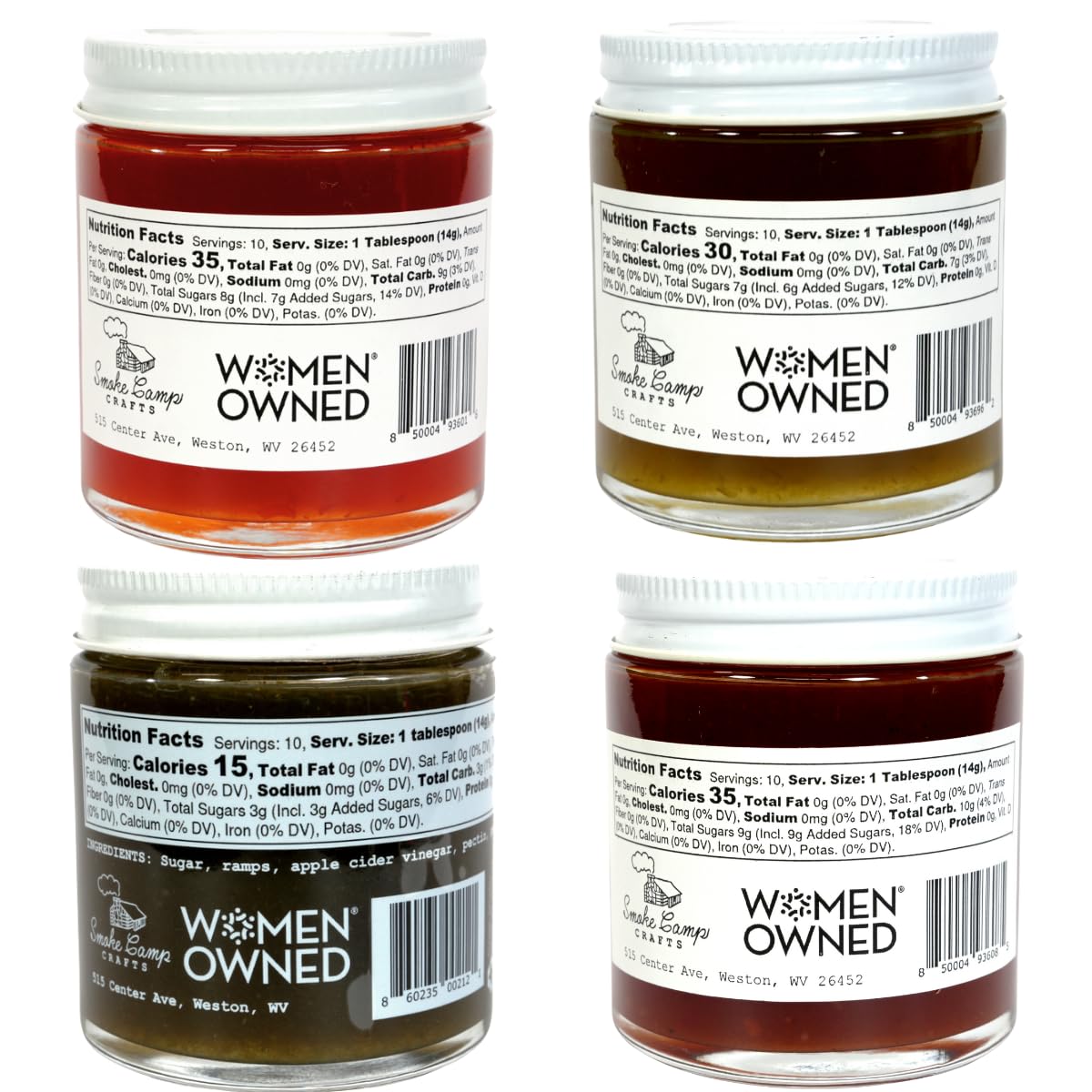 Smoke Camp Crafts Four Pack Jam & Jelly Gift Set | Savory Jam & Jelly Collection | Ramp | Spiced Tomato | Green Pepper | Hot Pepper | 4-pack 5 oz Jars