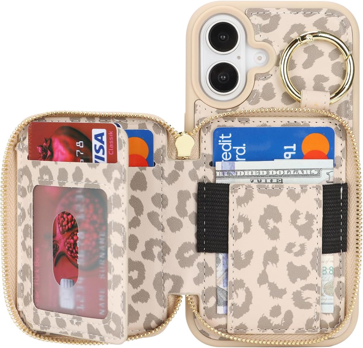 for iPhone 17 Case Wallet with Card Holder,for iPhone 17 Phone case Wallet with Zipper with Slot Kickstand Stand Case for Women and Man 5G 6.3 Inch-Off-White Leopard