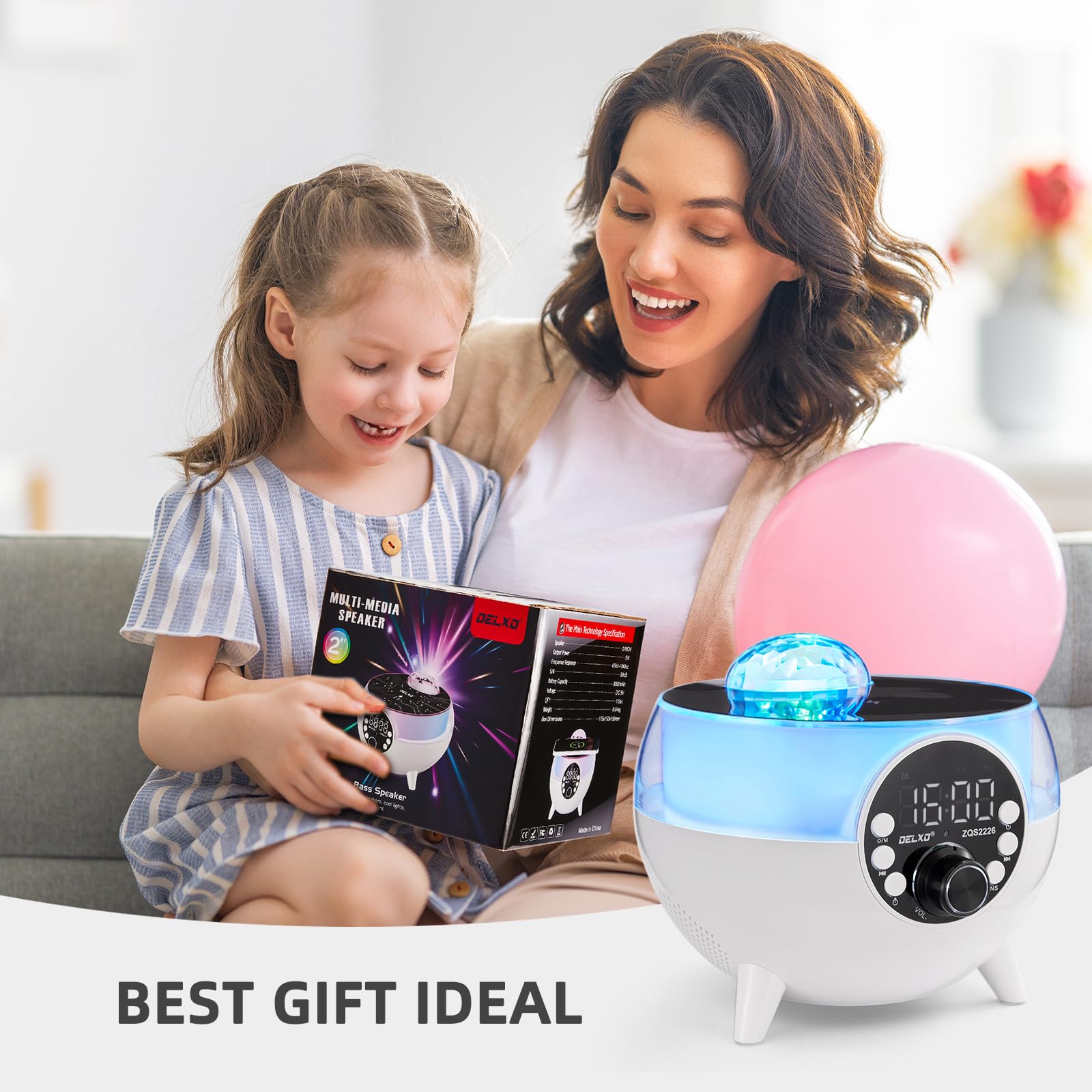 Delxo Altoparlante Bluetooth cielo stellato con ricarica wireless per telefono, altoparlanti super bassi, Bluetooth wireless con sveglia, radio FM, luce notturna regolabile, altoparlante portatile,
