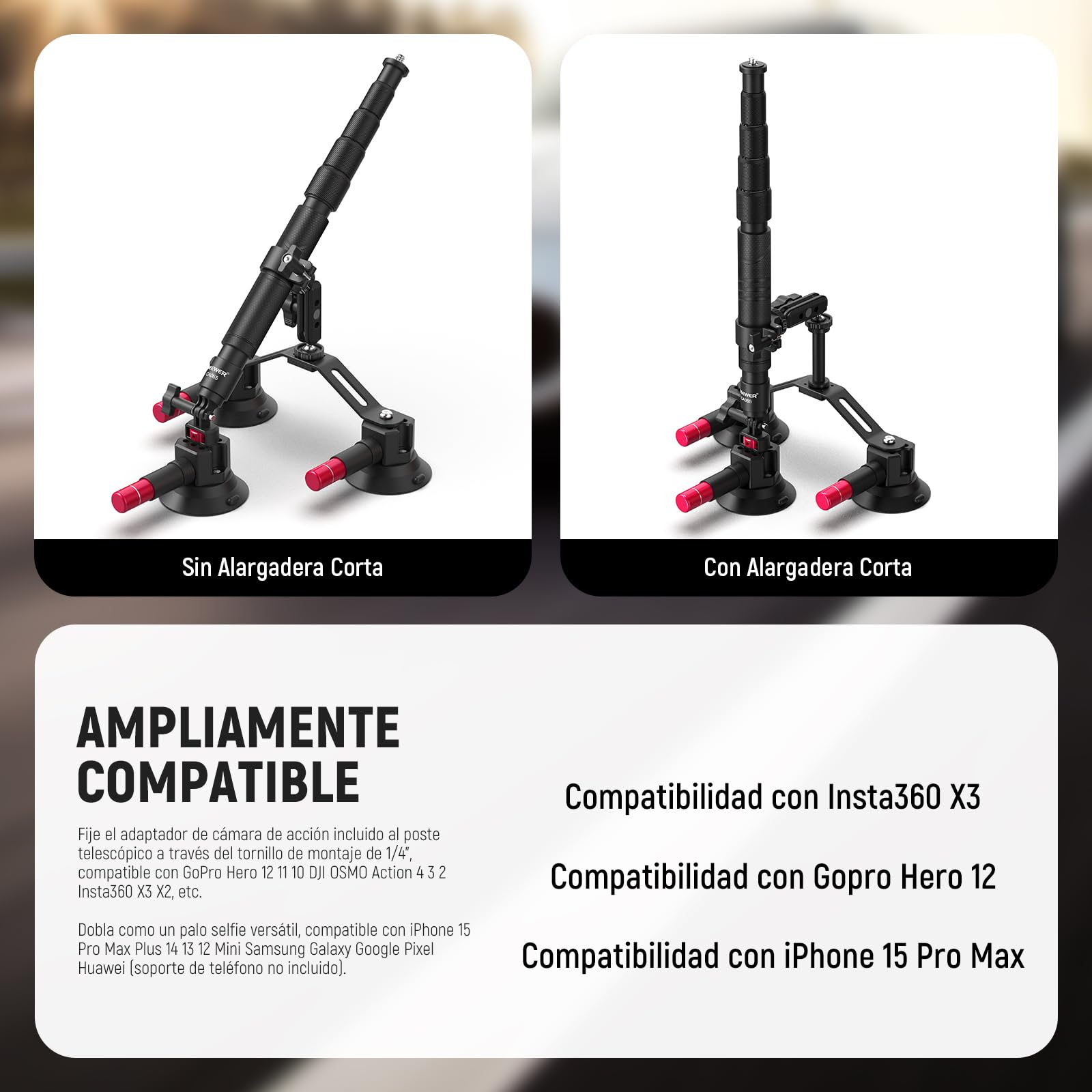 NEEWER Kit Montaje para Coche 2 en 1 Triple Ventosa Palo de Selfie Brazo Mágico Liberación Rápida para Action Cam GoPro Insta360 CA065