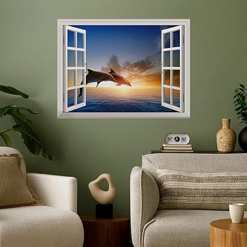 wall26 Mural de pared extraíble Hermosa pareja saltando delfines en el mar puesta de sol creativa vista de ventana decoración del hogardecoración