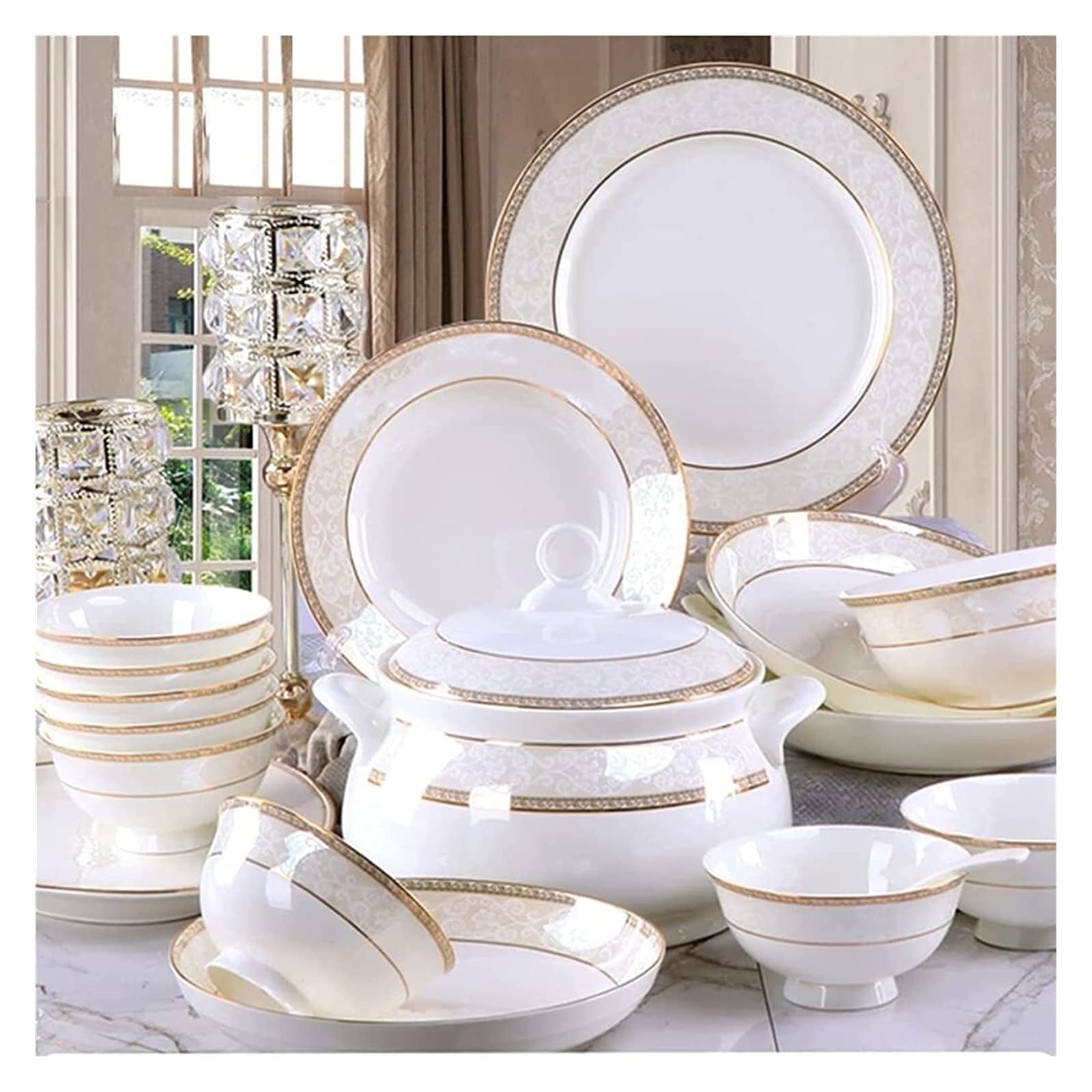 H3TF5J Luksusowe ceramiczne zastawy stołowe, wytłoczone złoto w stylu europejskim, 56 sztuk mikrofalowych i zmywarki do zmywarki, zastawa stołowa na imprezie rodzinnej