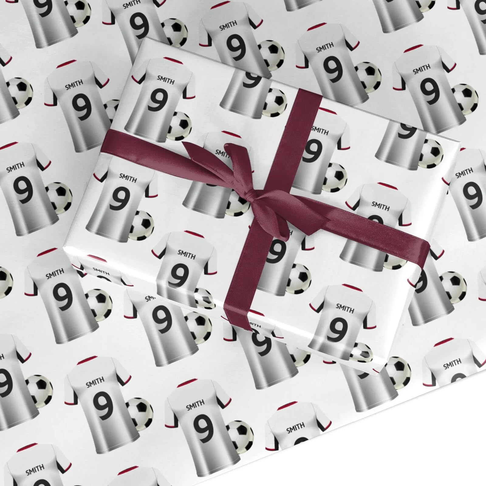 White Personalised Football Shirt Wrapping Paper Custom Birthday Gift Wrap - For Him Mens Dad Father's Day Christmas Boys Kids Adult - Any Red Name & Number - 3 Sheets (50cm x 65cm each)