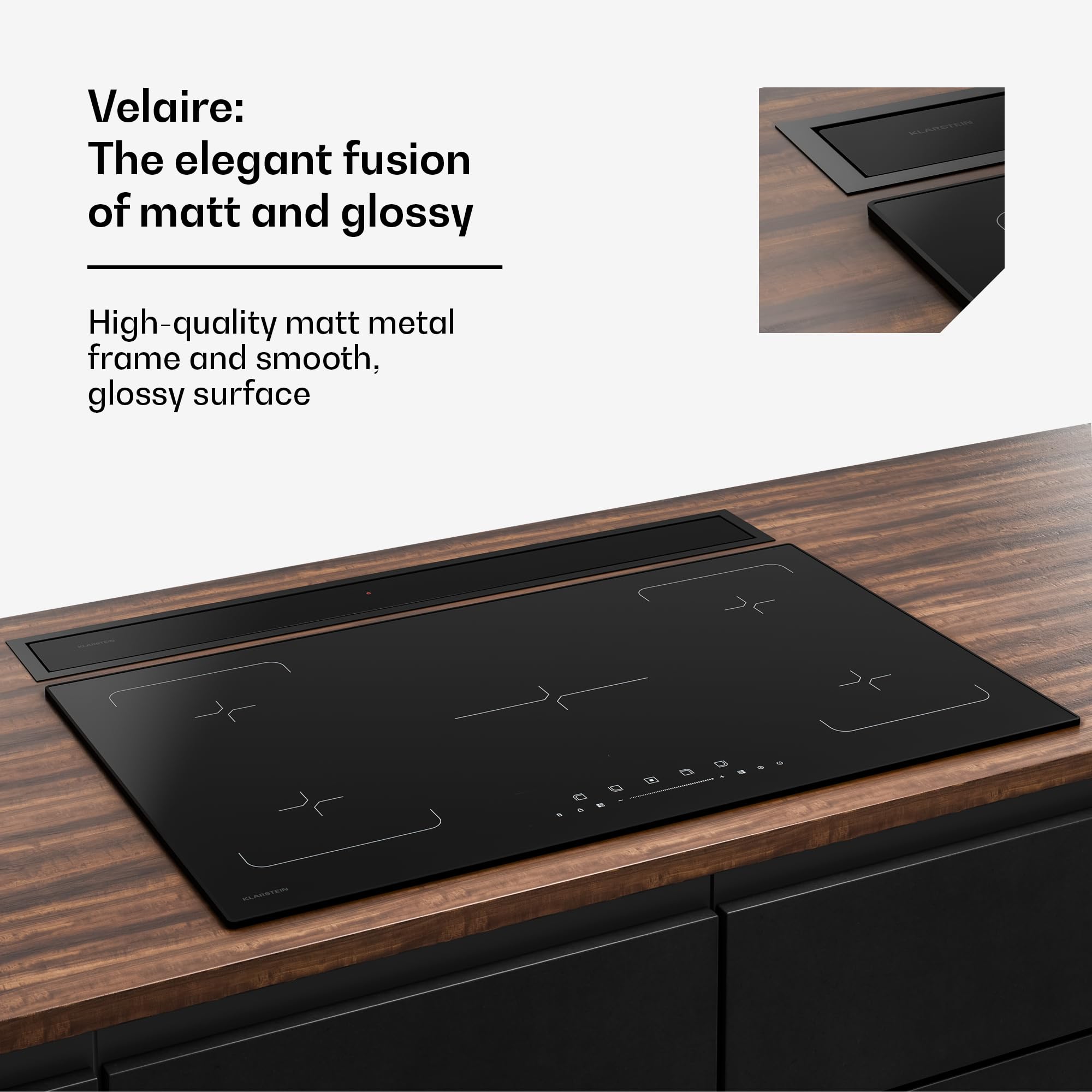 Klarstein Velaire Okap kuchenny 90 cm - A++ Downdraft, przepływ powietrza 906 m³/h, obsługa dotykowa, LED, cichy, filtr nadaje się do mycia w zmywarce, okap kuchenny 90 cm