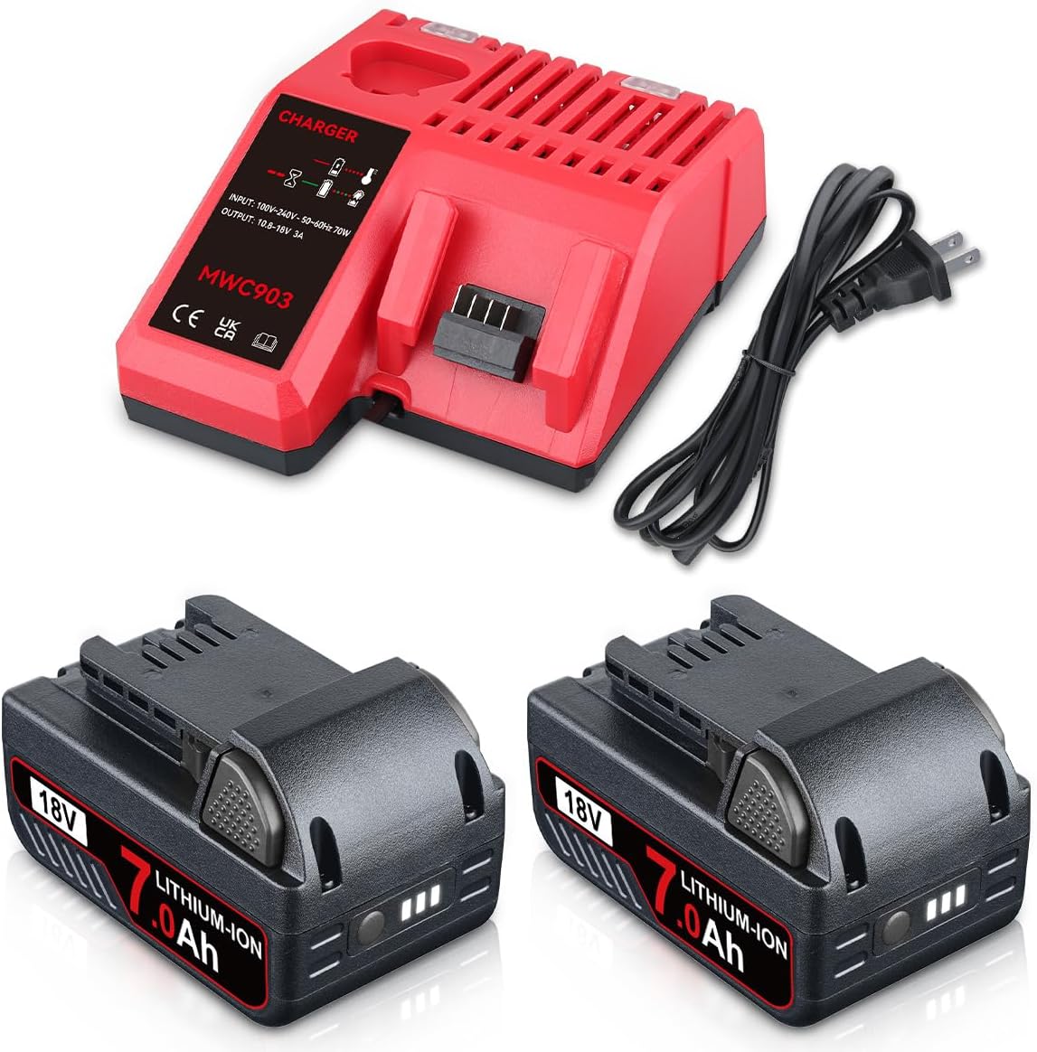 2P 7.0Ah Replacement for Milwaukee 18V Battery Charger Cmbo Kit Compatible with Milwaukee Battery 48-11-1820 48-11-1850 Cordless Power Tools and Charger