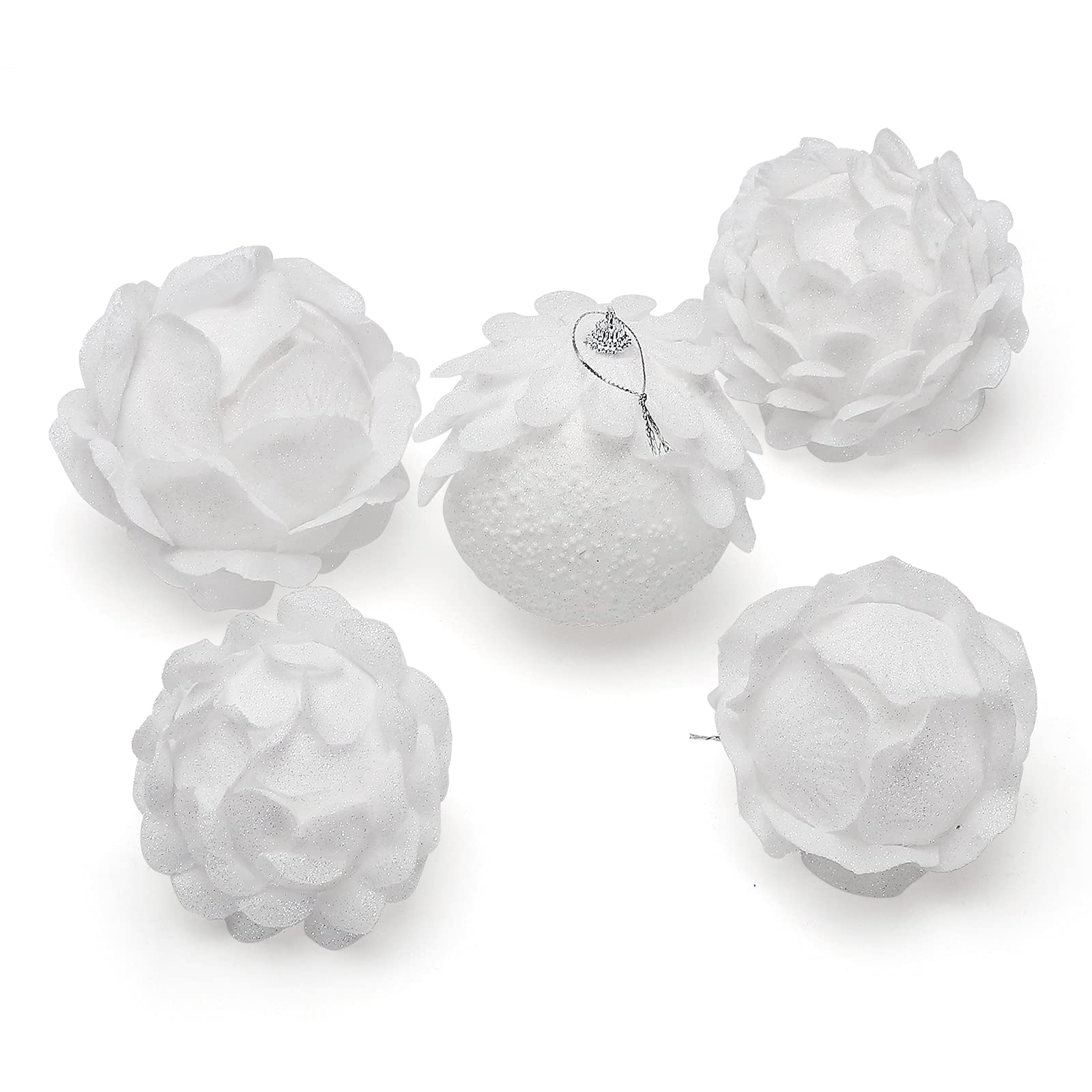 Bolas de Navidad, suministros de decoración, 6 piezas colgantes de bolas de Navidad, bolas colgantes de espuma con purpurina blanca como la nieve de 3,9 pulgadas con pétalo, adornos de bolas de árbol