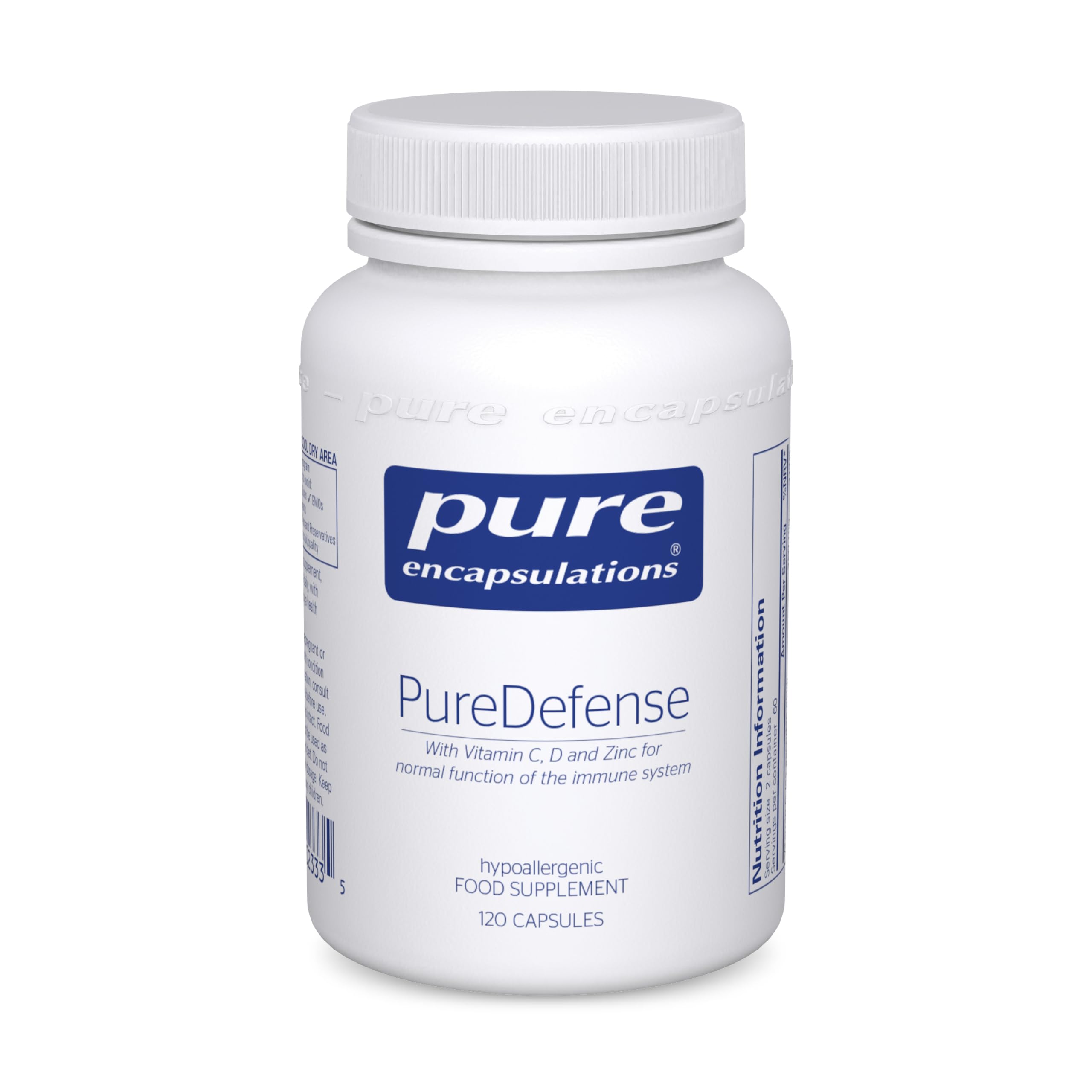 PureDefense - Hypoallergenic Nutritional Supplement with Vitamin C, D and Zinc - 120 Capsules