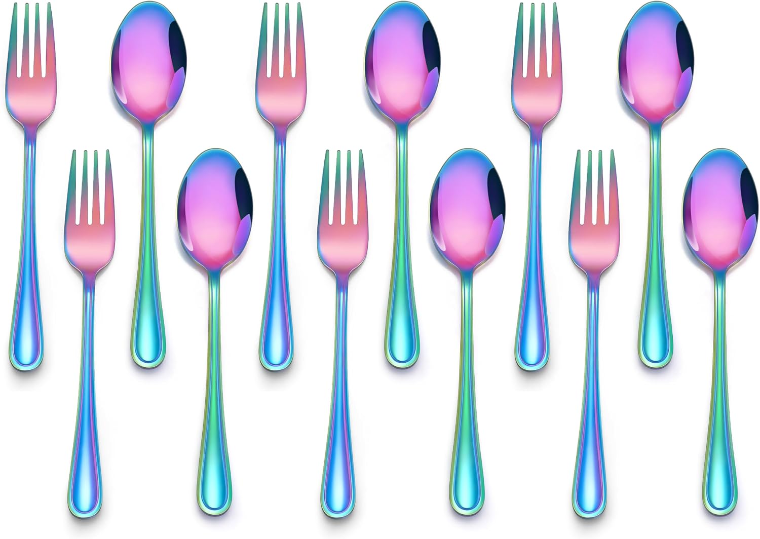 E-far 12-Piece Toddler Silverware, Stainless Steel Kids Utensils Forks and Spoons, Children Safe Mirror Polished Metal Cutlery Set for Self Feeding, 6 Forks & 6 Spoons(Rainbow)