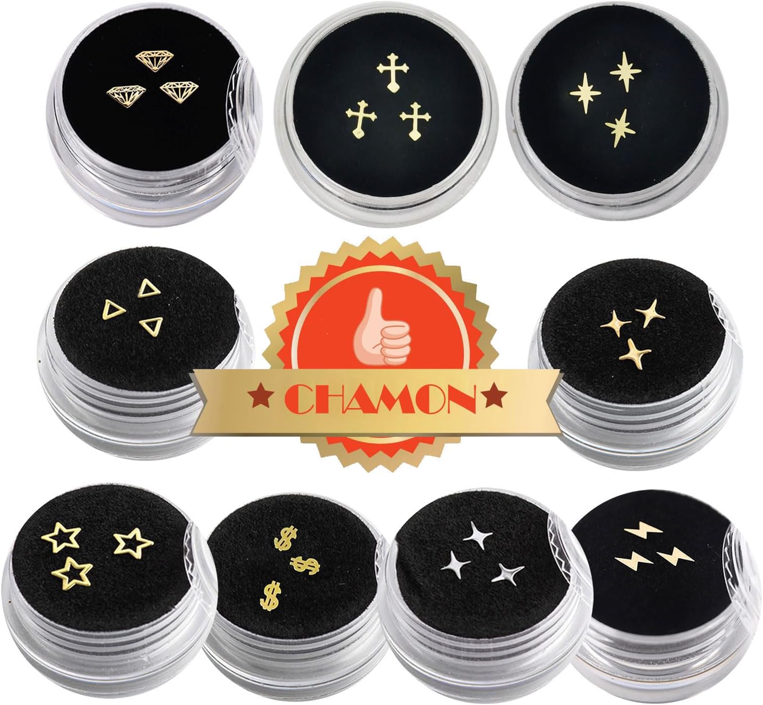 Gold Plated 18K Tooth Gems - 9 Boxes Cross Star Lightning Design 3mm-5mm Ultra-Thin Decorative Gem for Party and Cosplay DIY