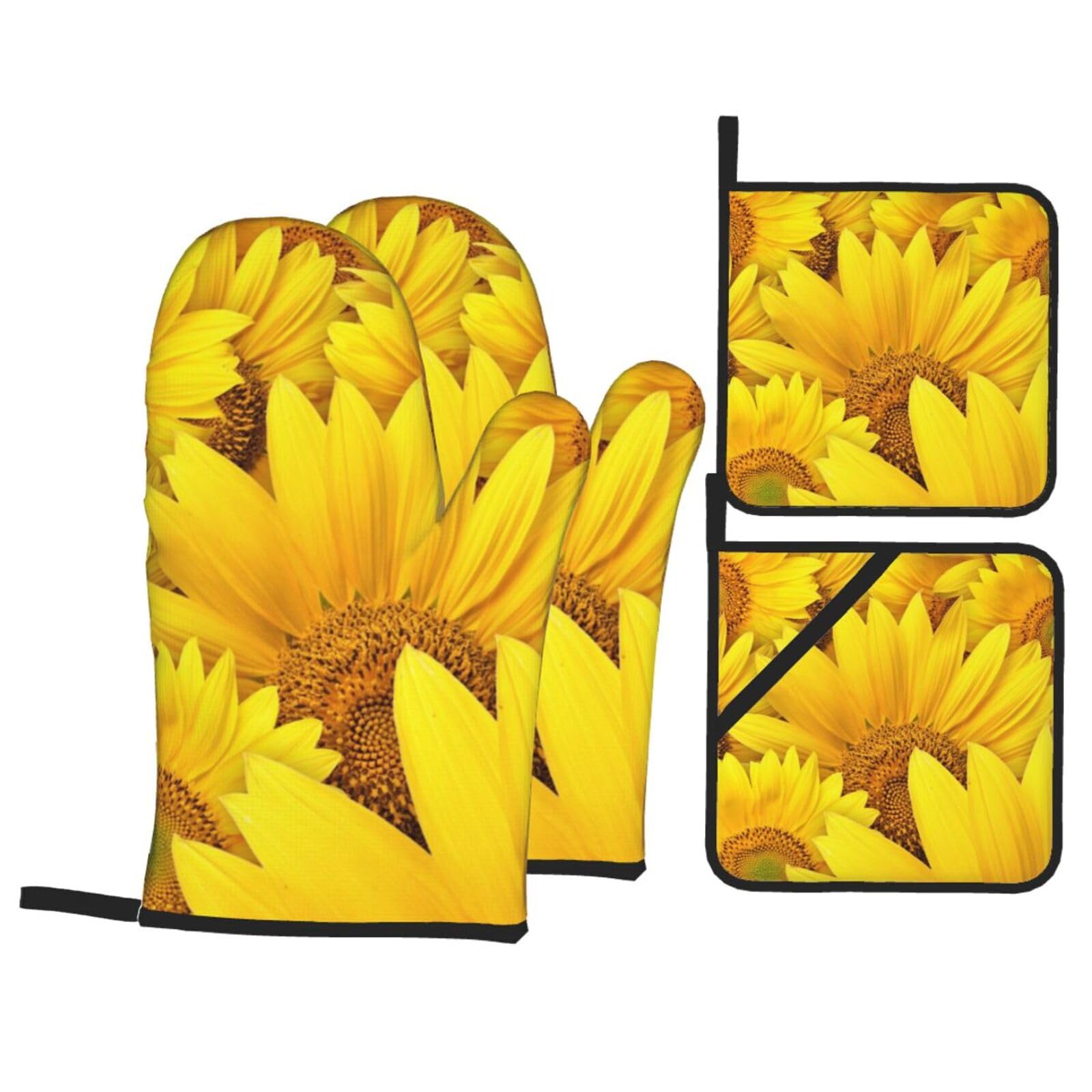 Sunflowers Print Stylish Heat-Resistant Oven 4-Piece Set Kitchen Gloves Roasting Daily Cooking
