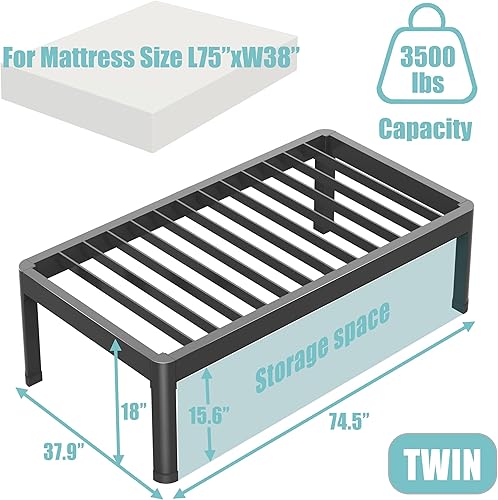 Miniatura 69 de Base de cama de tamaño matrimonial de 18 pulgadas con patas de esquina redondas, tapón deslizante de colchón, plataforma de metal resistente de 3500