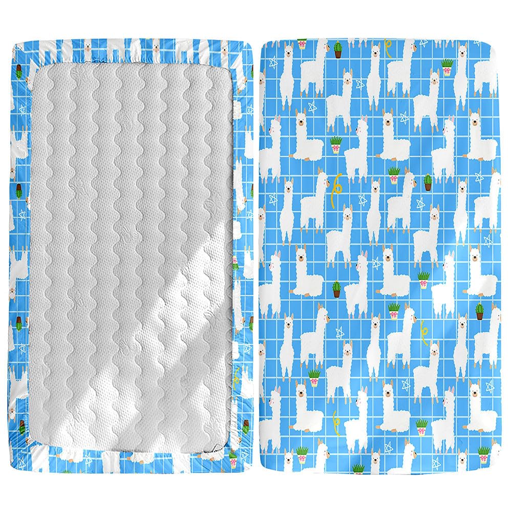Odot Cot Bed Fitted Sheets, Toddler Baby Travel Cot Sheets, Cute Alpaca Print Microfiber Mattress Protector Cozy Breathable Bedding for Bedside, Cradle, Cribs, Bassinet (85x51cm,Blue Plaid)