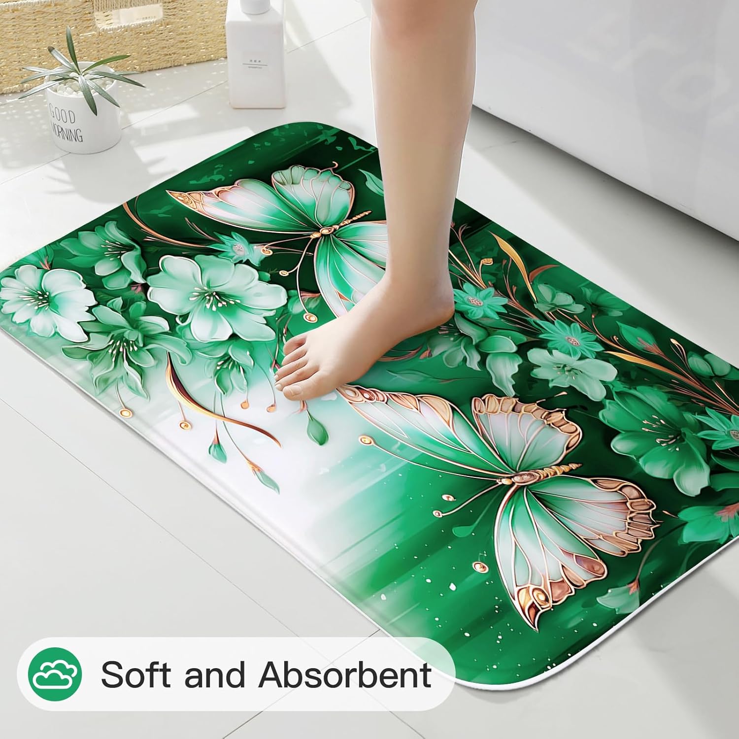Litabel 4 Pcs Green Floral Butterfly Shower Curtain Set with Non-Slip Rugs, Emerald Flower Toilet Lid Cover and Bath Mat, Vintage Bathroom Decor Set with Shower Curtain and Rugs(Hooks Not Included)