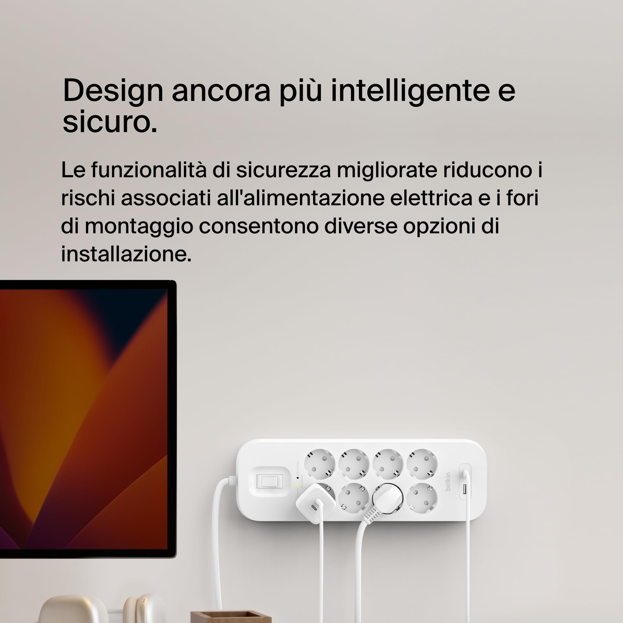 Belkin Multipresa montabile a parete con 8 prese CA protette, cavo di alimentazione da 2 m, LED di stato, porte USB-C e USB-A, ricarica rapida USB-C PD, ciabatta elettrica con protezione fino a 900 J