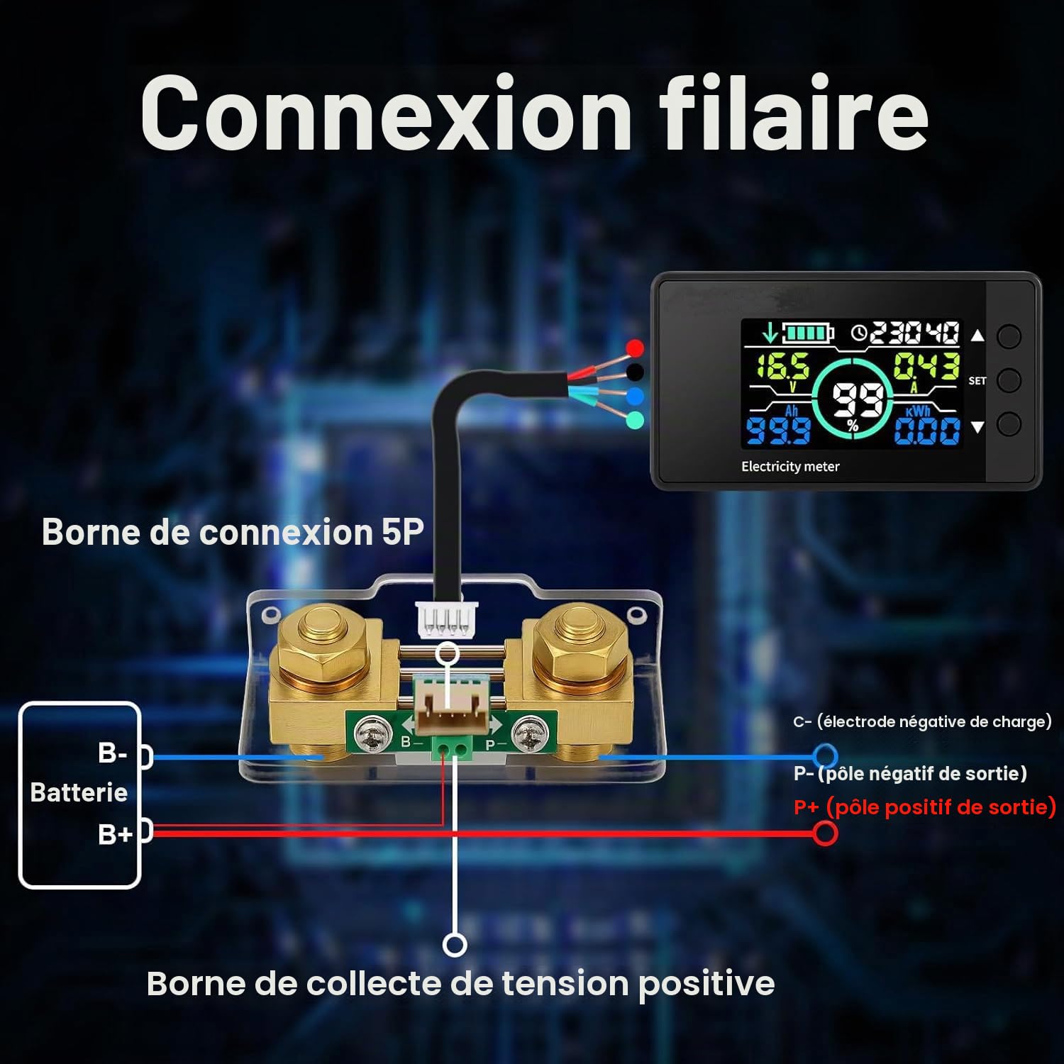 Moniteur de batterie 500 A avec shunt - Multimètre 7,5-100 V avec grand écran LCD - Testeur de batterie avec calibrage et fonction d'alarme - Rétroéclairage