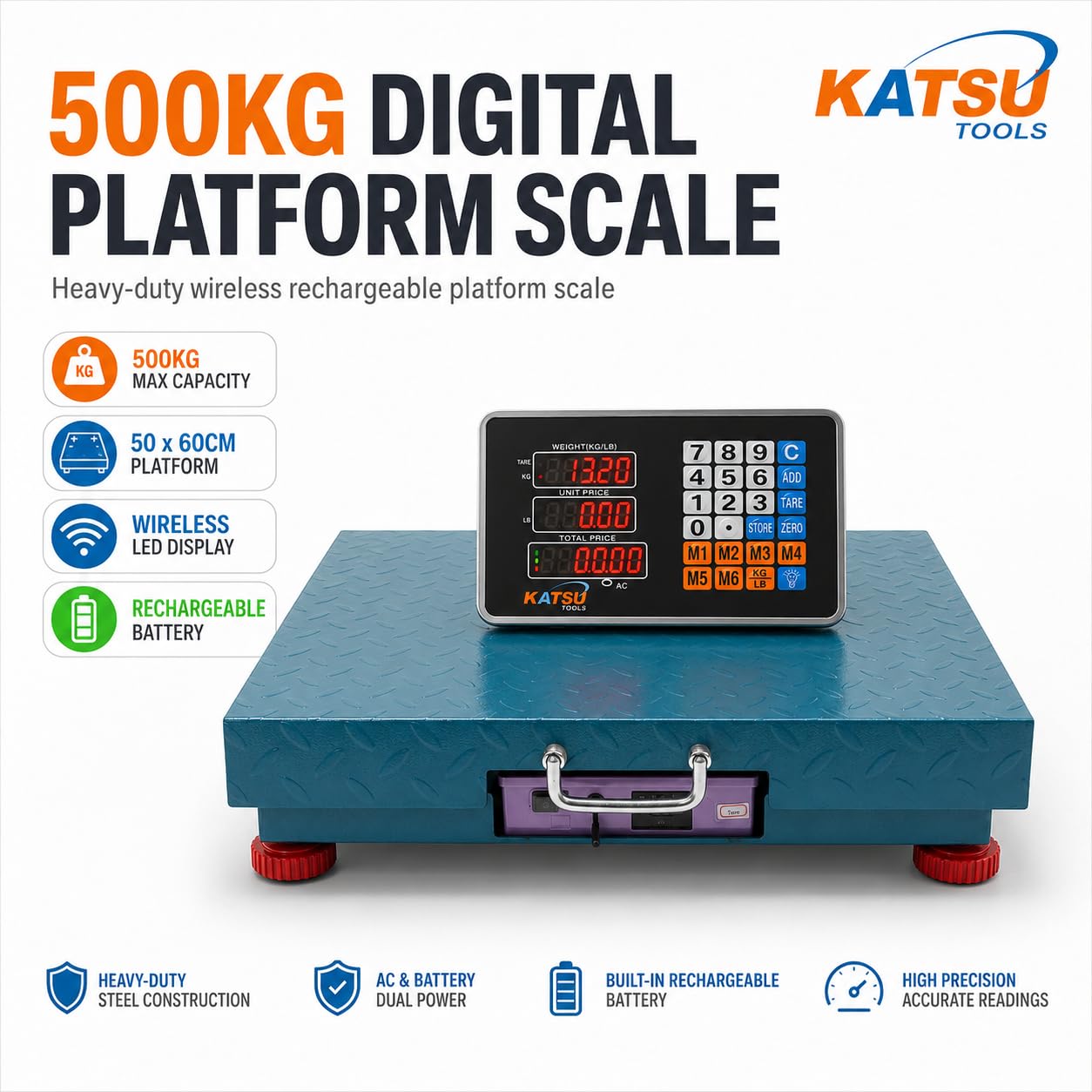 KATSU Industriell Plattformwaage 500kg Elektronische Postwaage LED-Anzeige 50x60cm Rostfrei Stahl