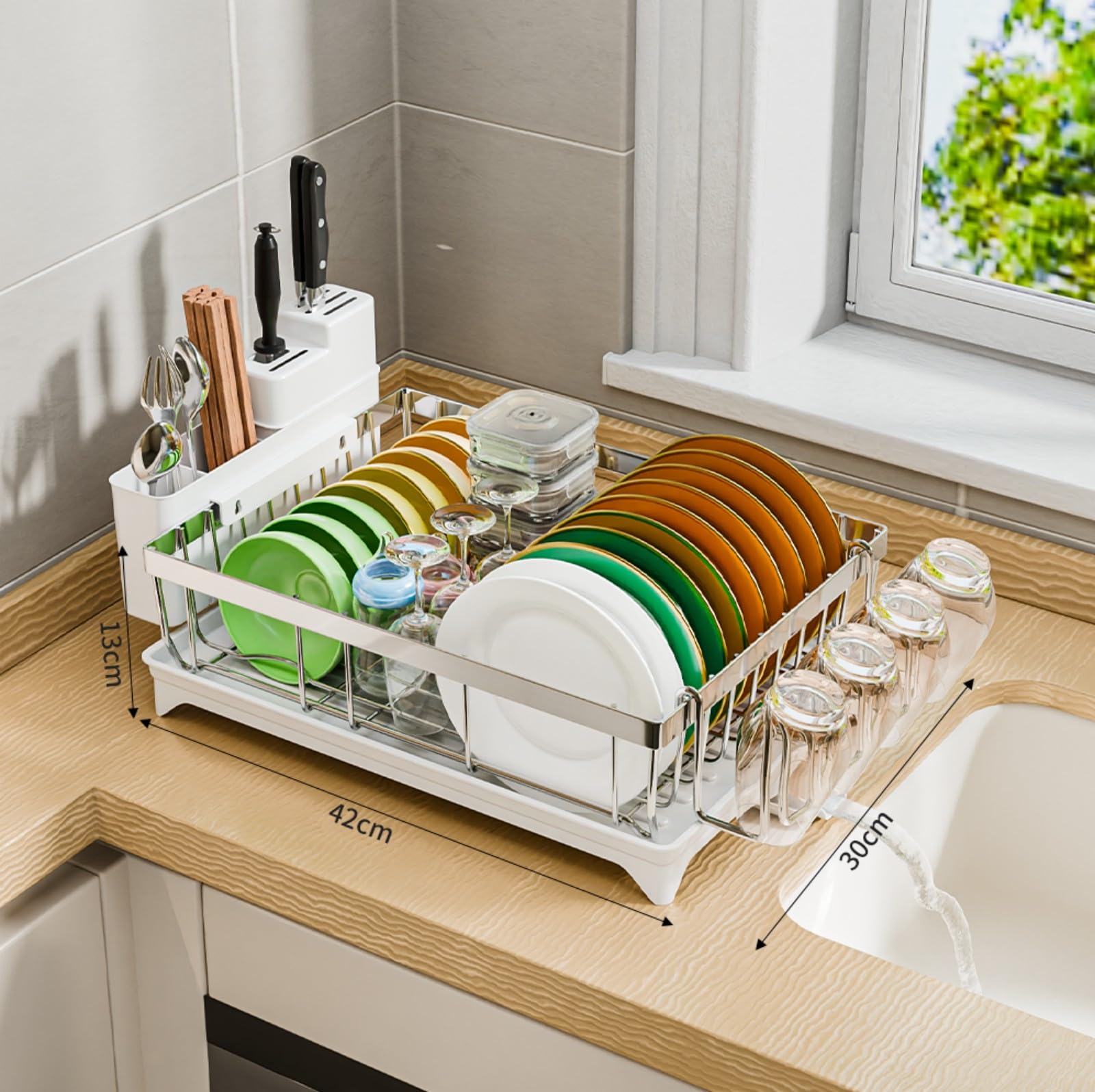 Multibao Dish Drainer Rack - Space Saving Dish Rack for Kitchen Counter, Kitchen Dish Drainer with Utensil Holder, Drain Board Cutlery Cup Holder Large White Stainless Steel (White not Black)