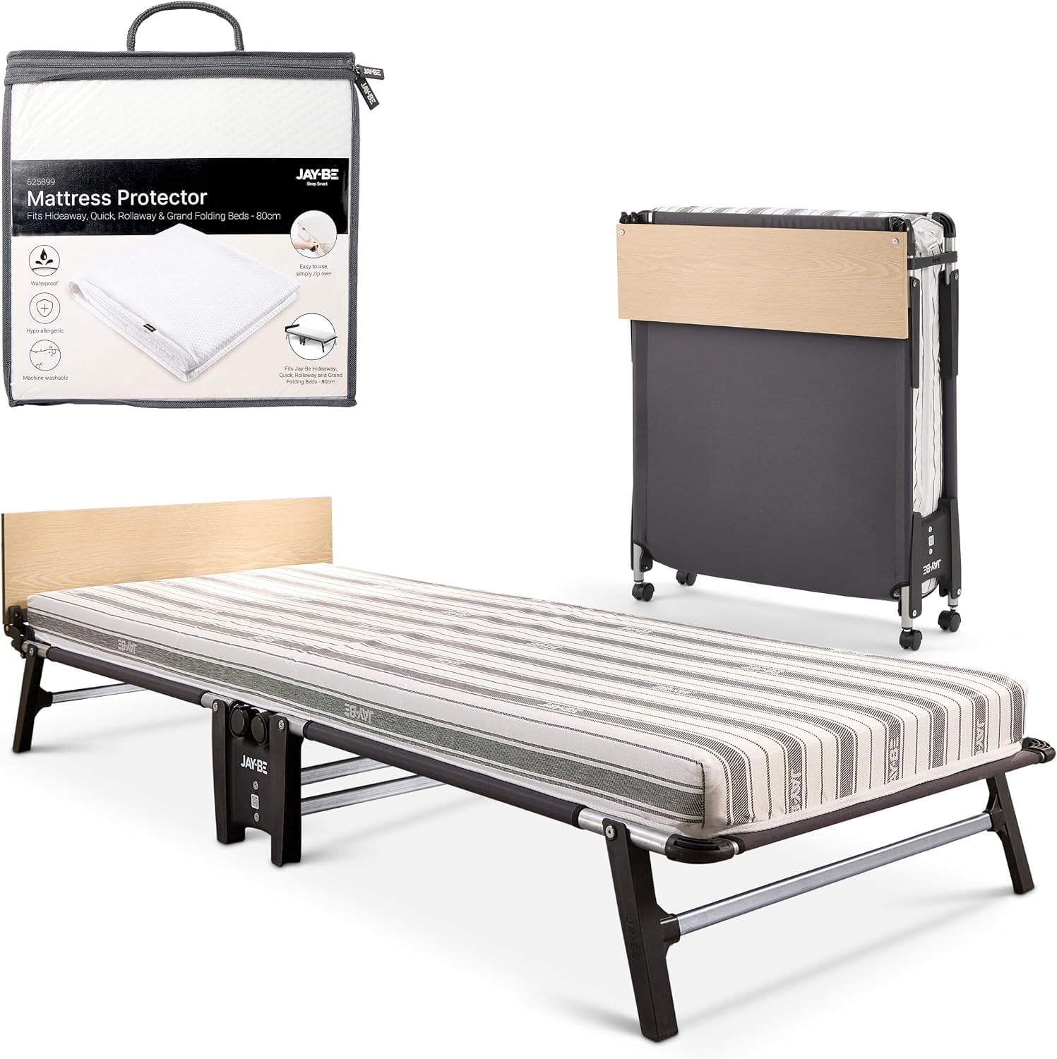 JAY-BE QE80 Quick Folding Bed, Comfort Mattress, Mattress Protector, Single