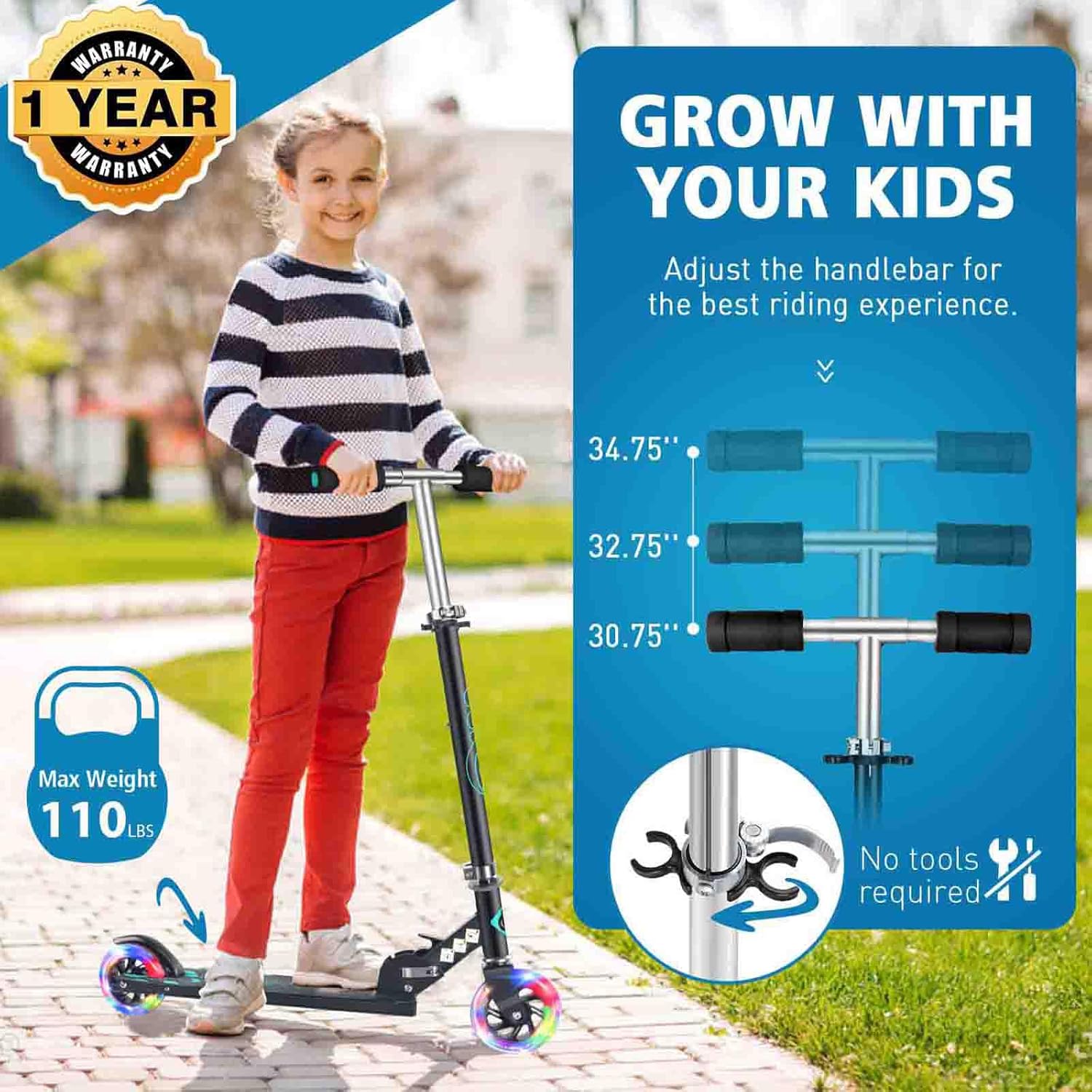 BELEEV V1 Scooters for Kids, 2 Wheel Folding Kick Scooter for Girls Boys, 3 Adjustable Height, Light Up Wheels, Lightweight Scooter with Sturdy Frame, Kickstand for Children 3 to 12 Years Old