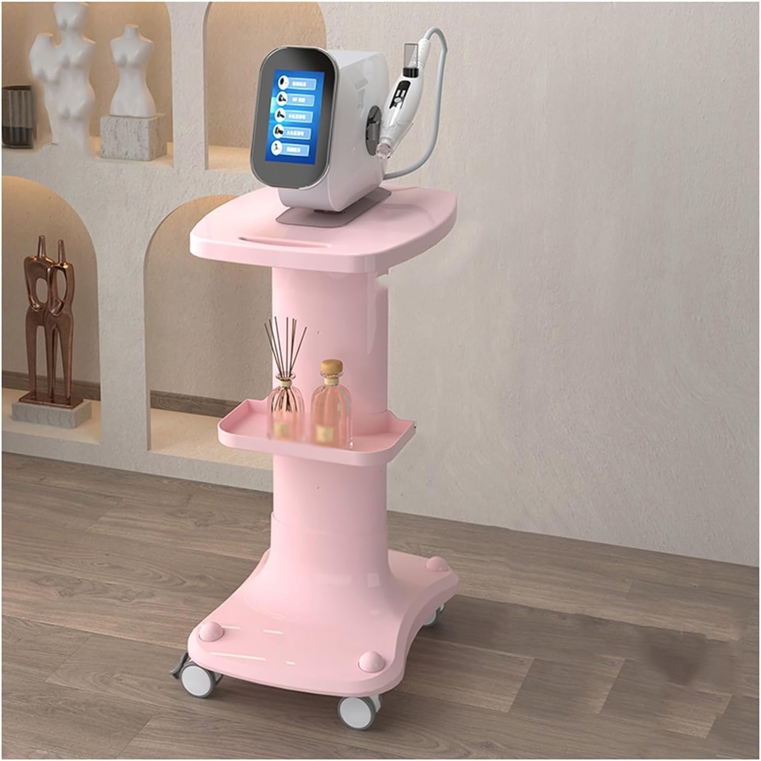 SSDDLZEQ Mobile Salon Station, Salon Cart Abs Salon Trolley With Wheels Trolley Cart Thickened Column Salon Rolling Cart Instrument Tray Salon Trolley Cart(Pink,With shelf)