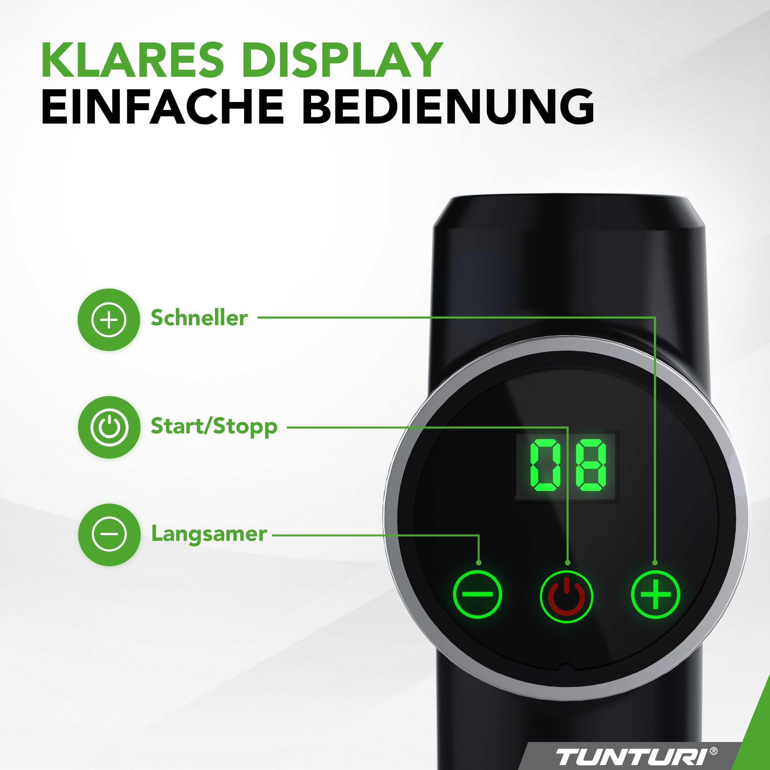 Tunturi MG40 Massagepistole – Massagegerät mit Multi-Griff – Inklusive 6 Aufsätze und Koffer – Extra kraftvoll und leise – Inkl. App