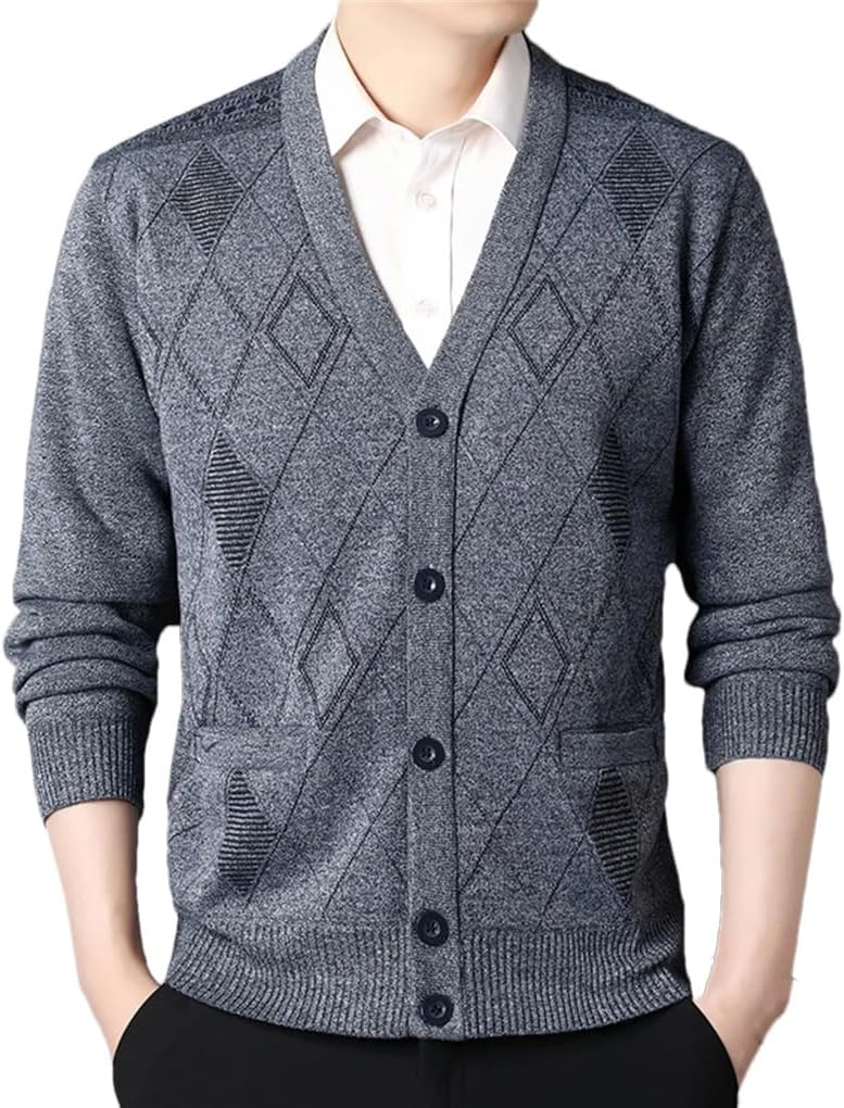 Men's Retro Knitted Cardigan Sweater with Solid Color Plaid Splicing and Casual Button Cardigan Jacket