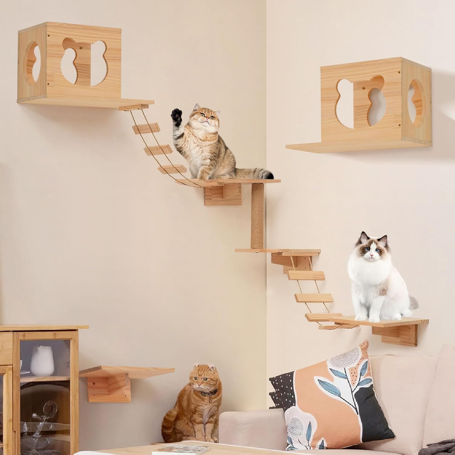 Cat Wall Shelves and Perches, Pine Wooden Cat Wall Furniture Climbing Shelves with Climber, Condo, Scratching Post, Ladder & Platform