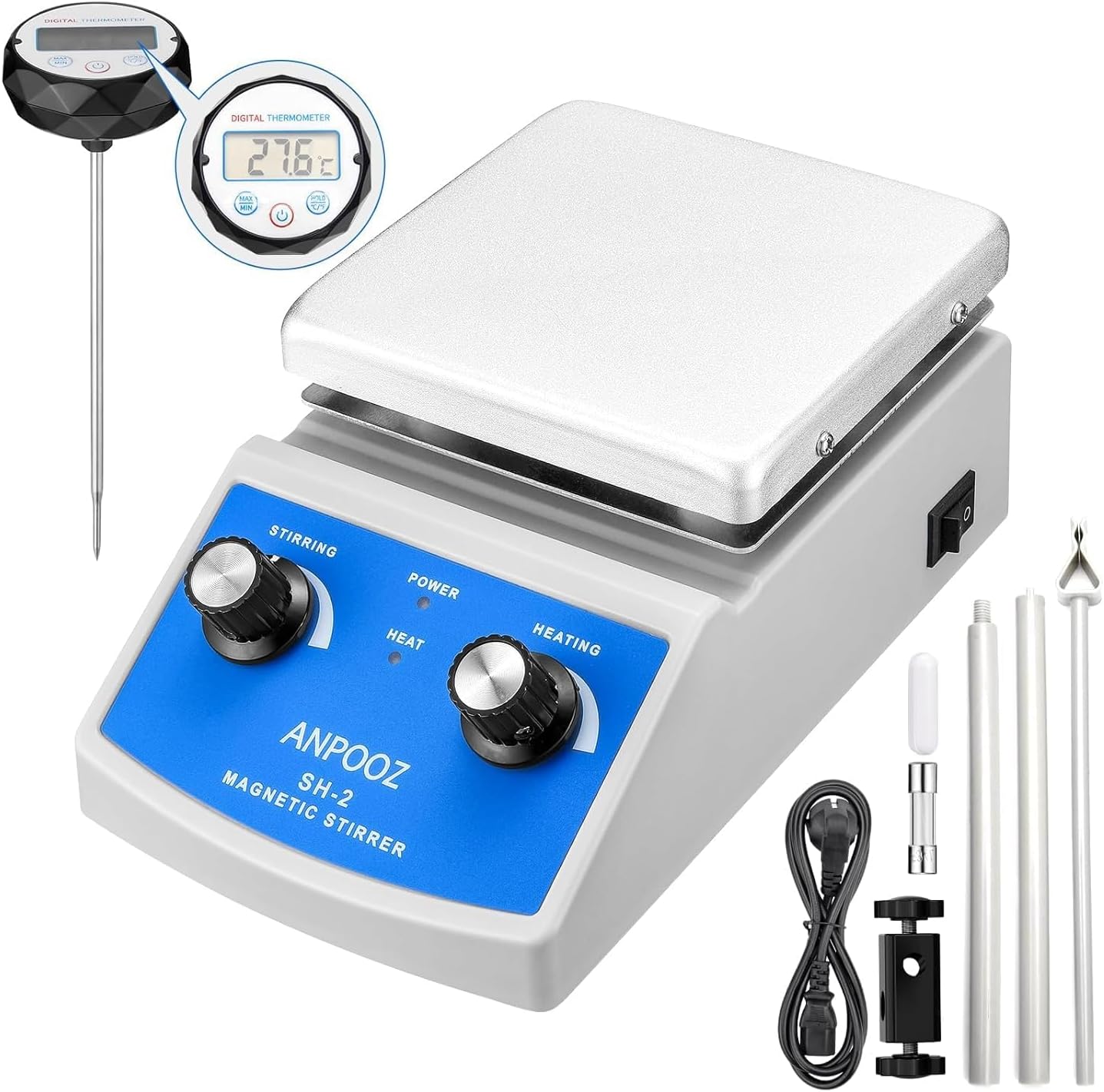 Magnetic Stirrer Hot Plate w/Stir Bar, Max.520℉ Magnetic Hotplate Stirrer w/Thermometer, Max.2L Capacity Hot Plate Stirrer w/Support Stand, 100~2000RPM Magnetic Stir Plate