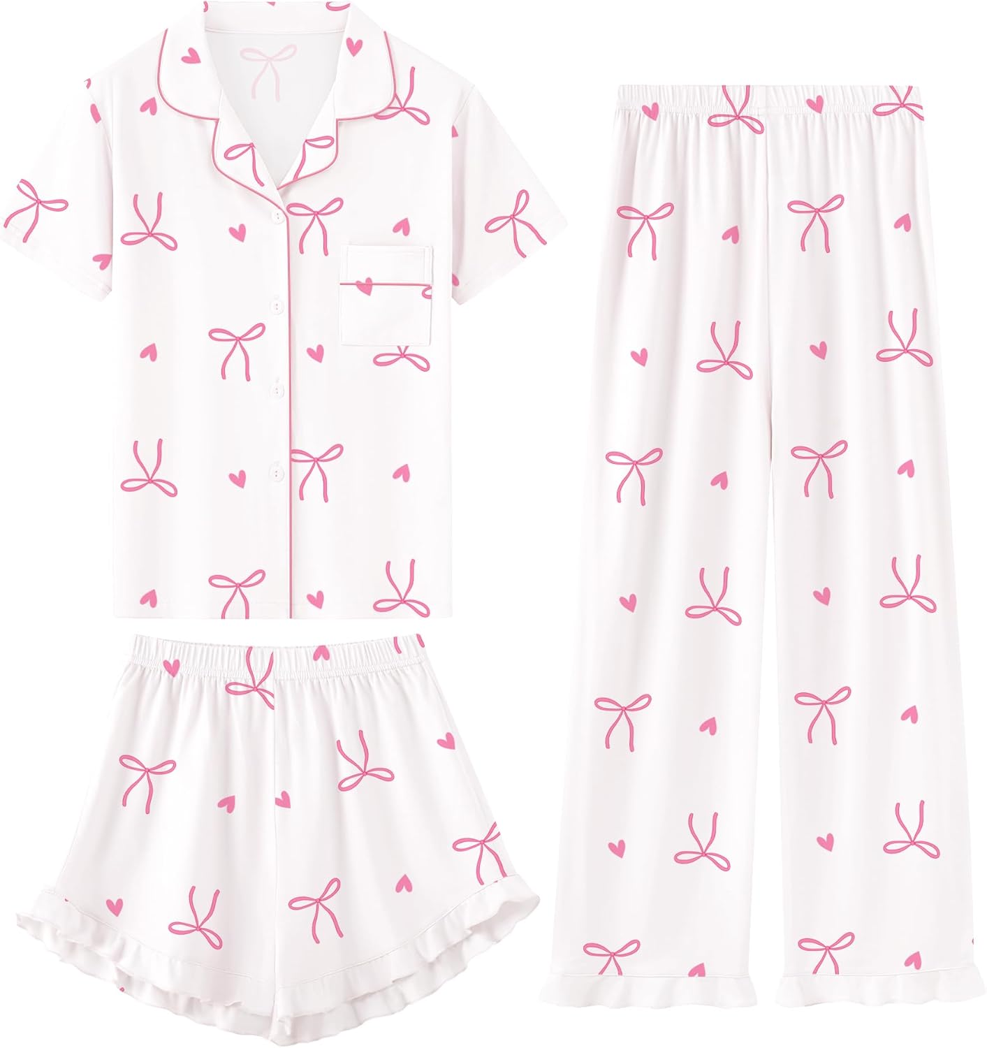 Schbbbta Girls Pajamas Set 3 Piece Button Down Sleepwear Short Sleeve Long Pants with Shorts Pjs Ruffle Nightwear 5-14 Years