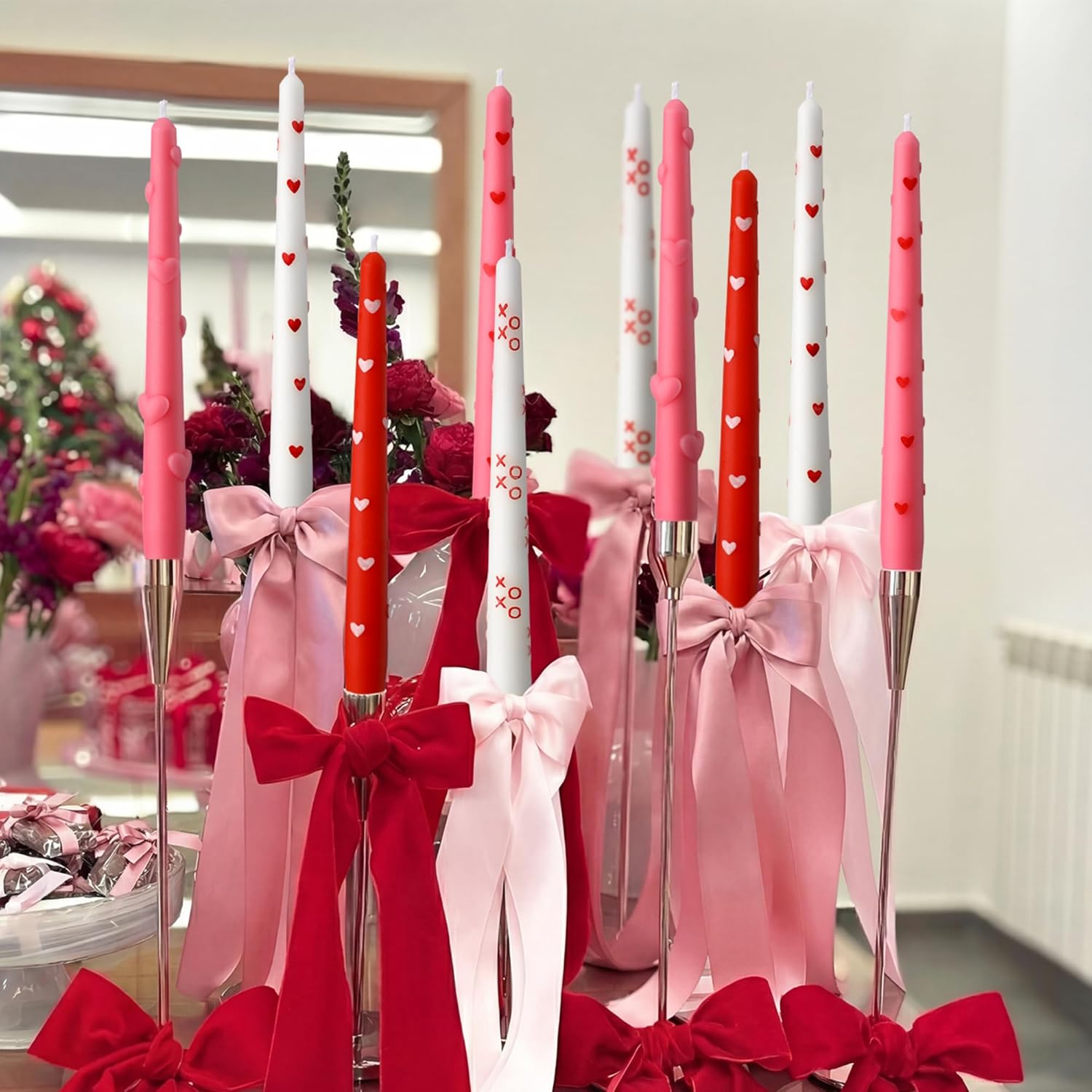 Nuanchu 6 Pcs Valentine Decorative Taper Candles 3D Heart Dripless Candlesticks Pink Red Spiral Taper Candles for for Valentine Anniversary Home Table Decoration Wedding Holiday Gift