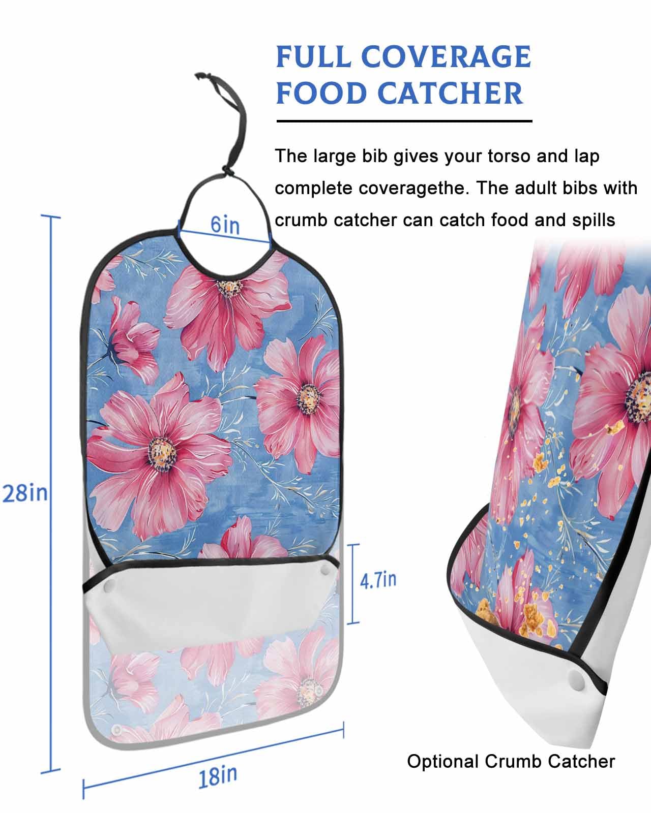 Pink Flower Adult Bib for Adults Men, Women, Blue Abstract Painting Modern Floral Art Washable & Adjustable Terry Cloth Bib with Crumb Catcher Reusable Waterproof Clothing Clothes Protector Apron