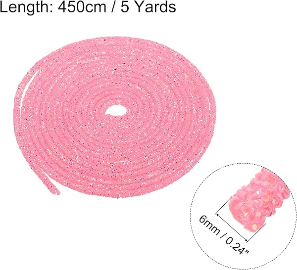 sourcing map 5 Yard 6mm 0.24 Inch Glitter Sequins Rope, 2 Pcs Sequins Rhinestone Tube Cord for DIY Wedding Dresses Costume Clothing Shoes Jewelry Accessory, Light Pink - 2