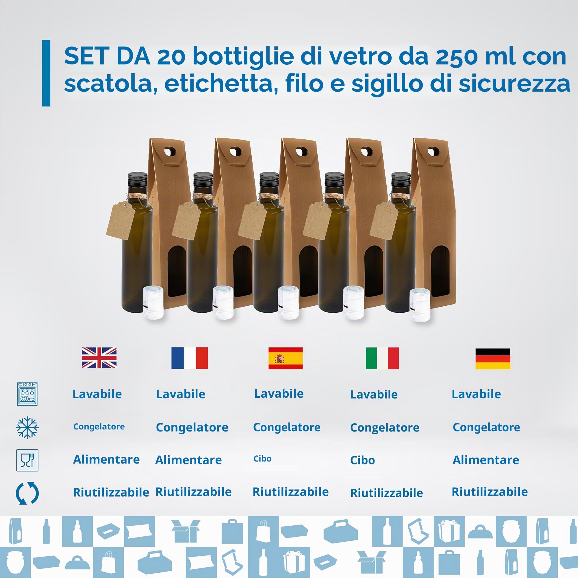 Set 20 Bottiglie di Vetro Scuro 250 ml con Tappo Nero + 20 Scatole, 20 Sigilli e 20 Etichette – Oliera Regalo per Olio e Aceto | Espirito Rebelde