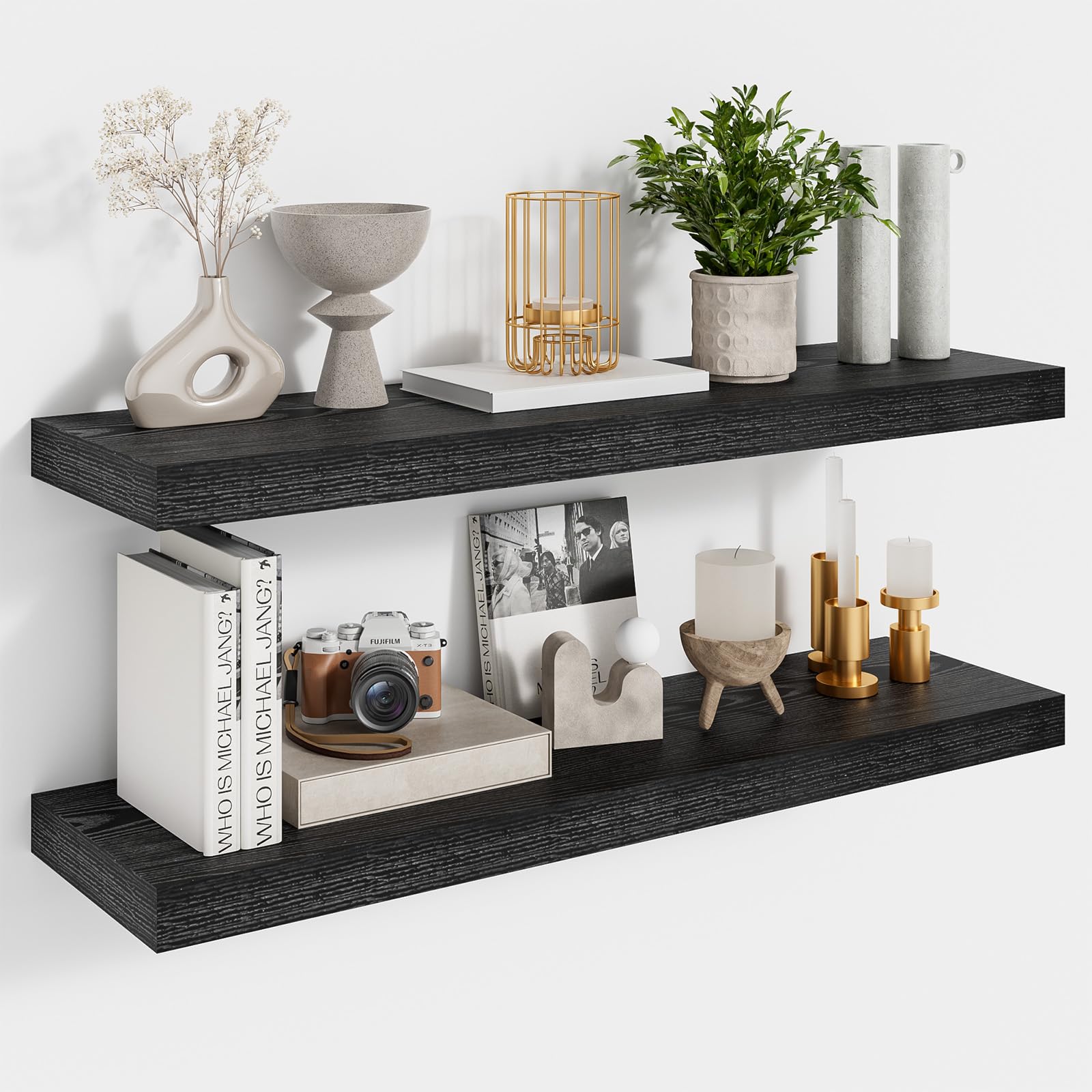 Feihorrm Set of 2 Floating Shelves, 60cm Floating Shelf, Black Wall Shelves, Wooden Shelves, Shelves for Wall, Wall Shelf for Bathroom, Kitchen, Living Room and Bedroom, Home Decor