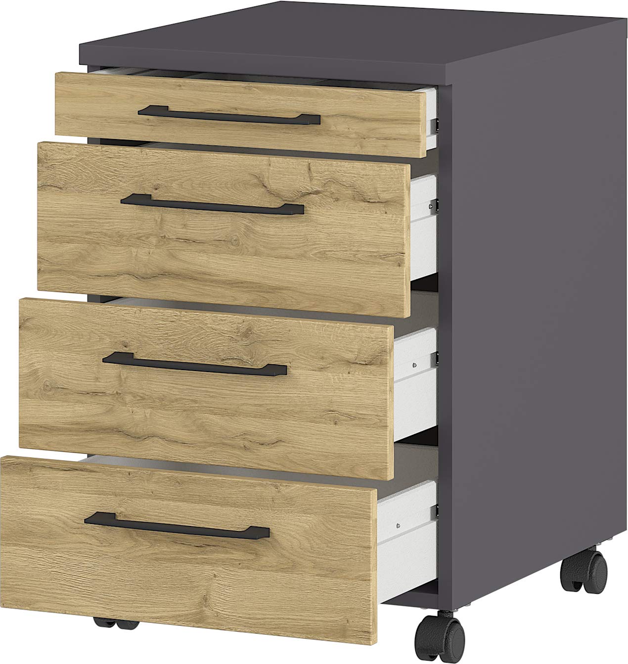GERMANIA DIE MÖBELMACHER Rollcontainer, mit Vier Schubladen, Utensilienfach und feststellbaren Laufrollen, in der Farbe Graphit/Eiche, 42 x 61 x 49 cm (BxHxT)