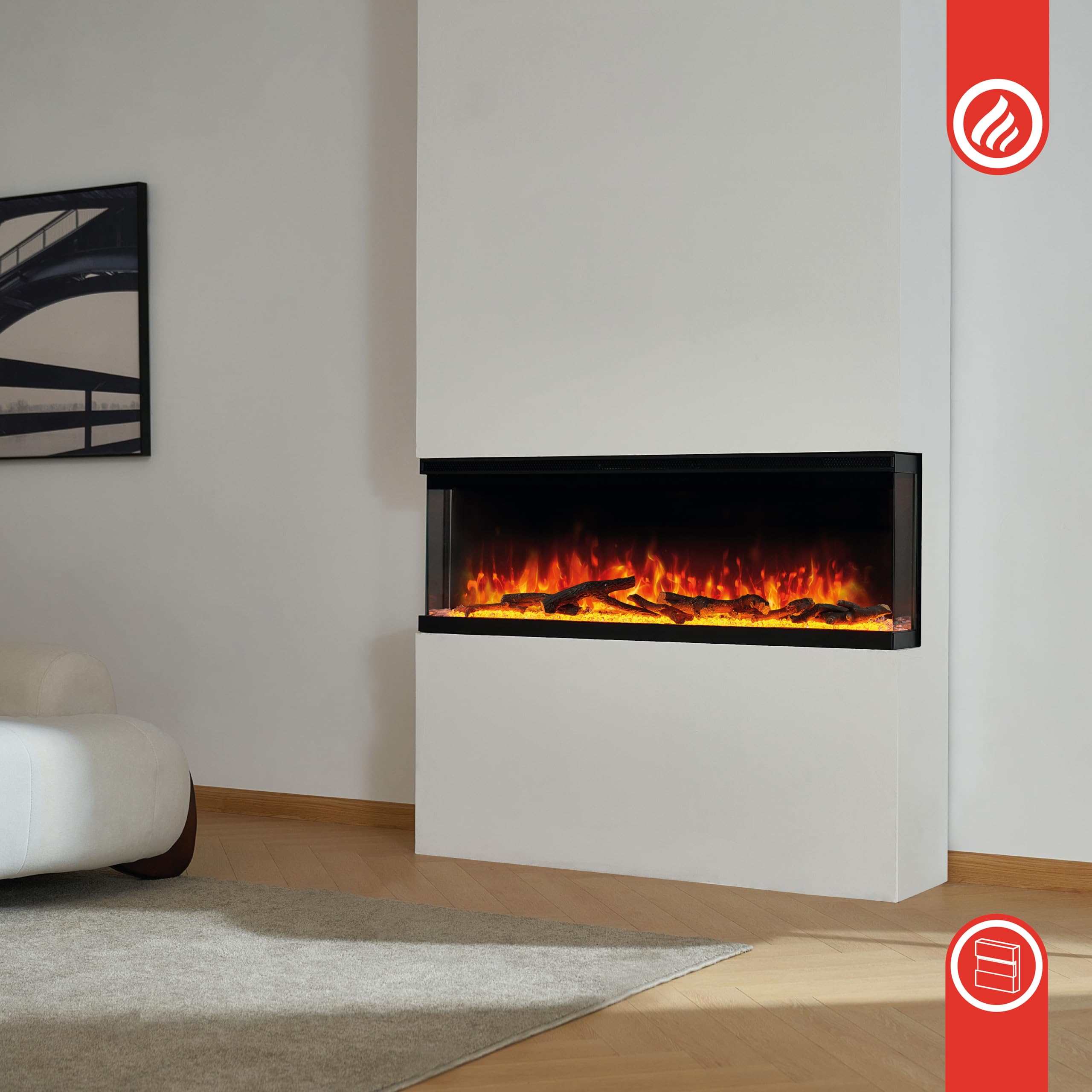 KAMINIO Kominek elektryczny LEA - Elektryczny kominek 3-w-1 z panoramicznym widokiem, ogrzewaniem, efektem 3D płomieni, 12 kolorami płomieni (36 cali)