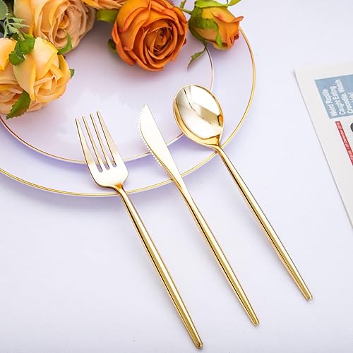 Miniatura 3 de SUT 300 cubiertos de plástico dorados, utensilios dorados desechables, el juego de cubiertos de plástico dorado incluye 100 tenedores de plástico
