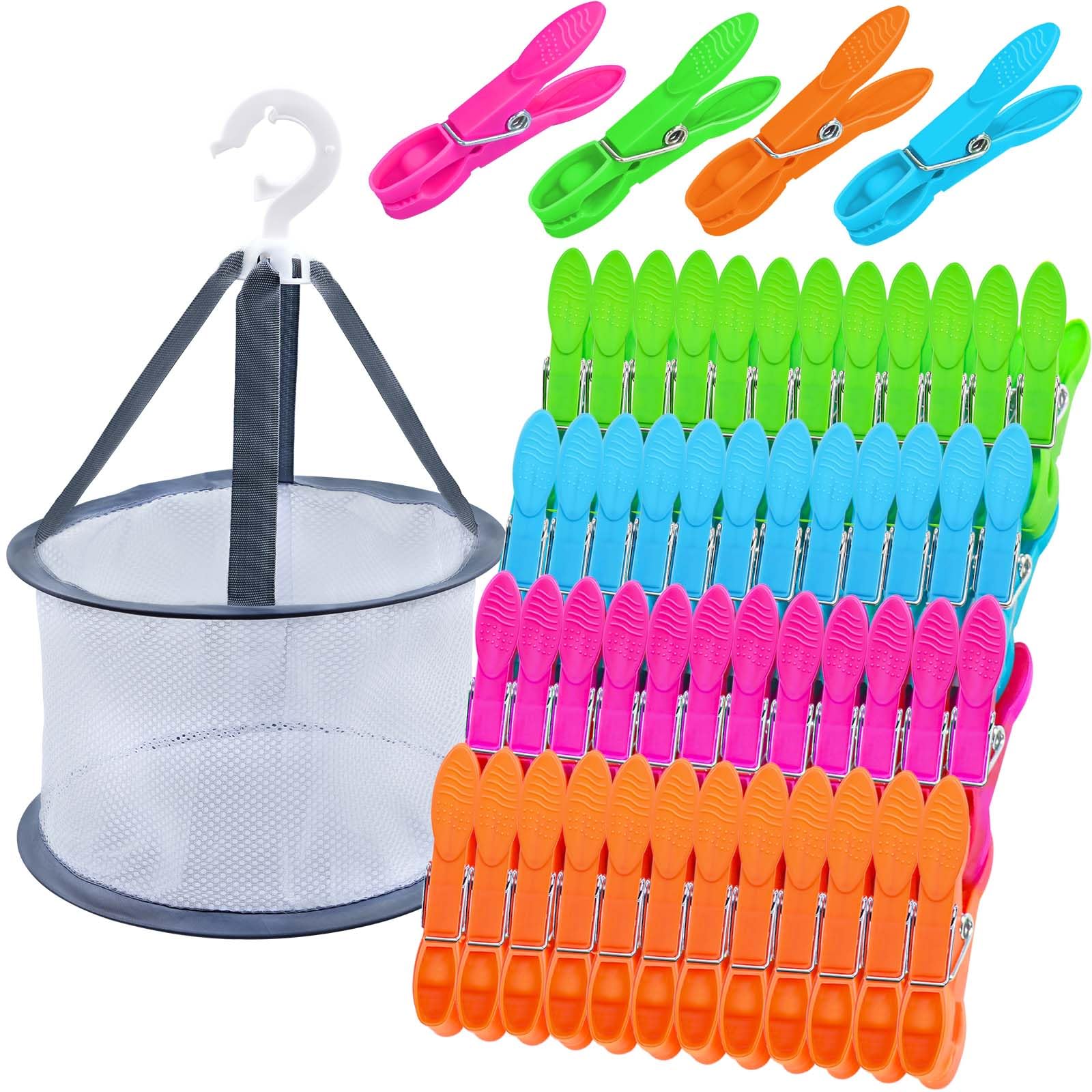 KEYBOO 48 Stück Wäscheklammern mit Aufhänge-Korb Box, Windfeste Wäscheklammern Ohne Abdruck, Atmungsaktives Mesh Klammerkorb für Wäscheleinen, Kleidung, Socken und Camping