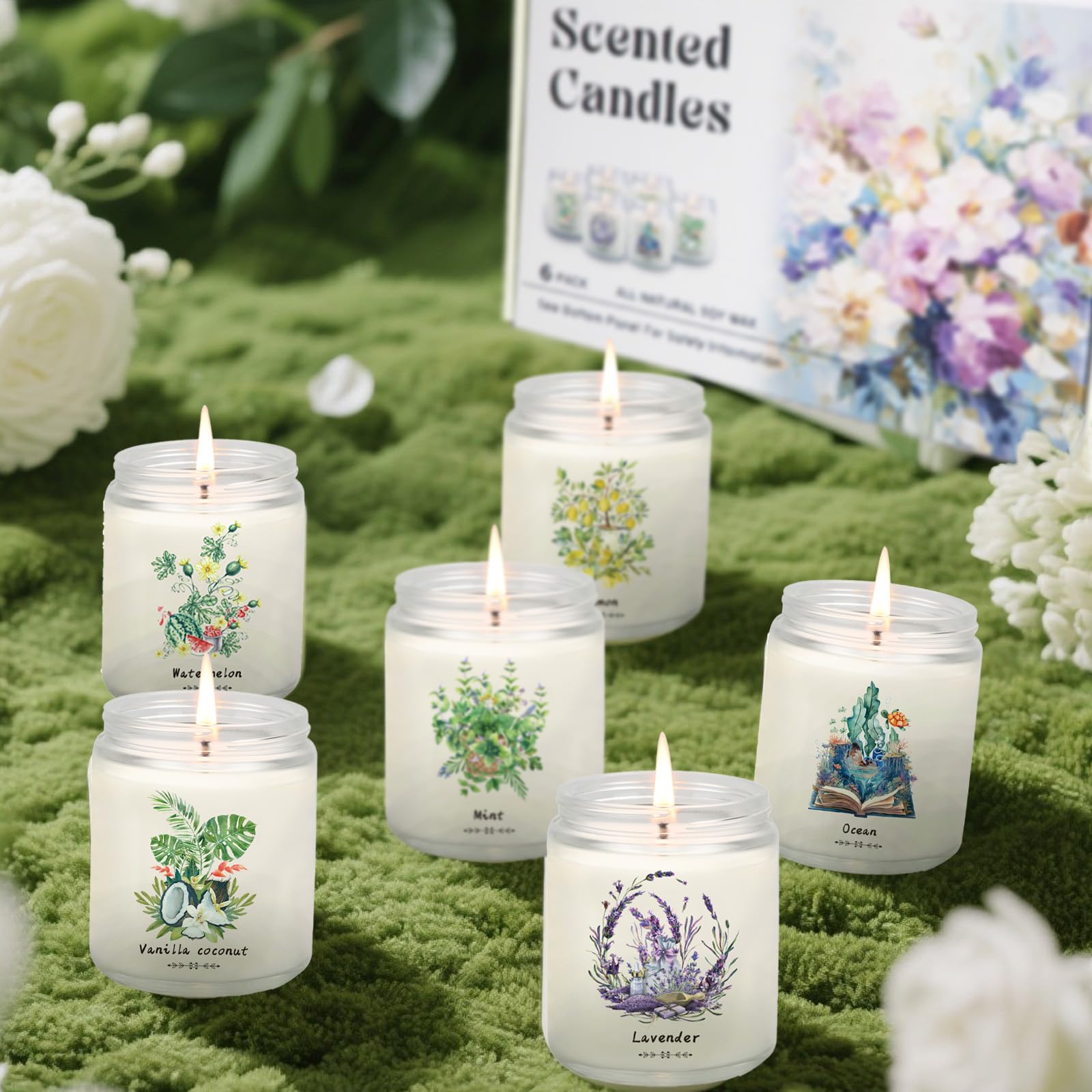 Juego de 6 velas perfumadas de verano con sandía, limón, menta, vainilla y coco, océano y lavanda, refrescantes velas de aromaterapia para decoración de verano y relajación 6