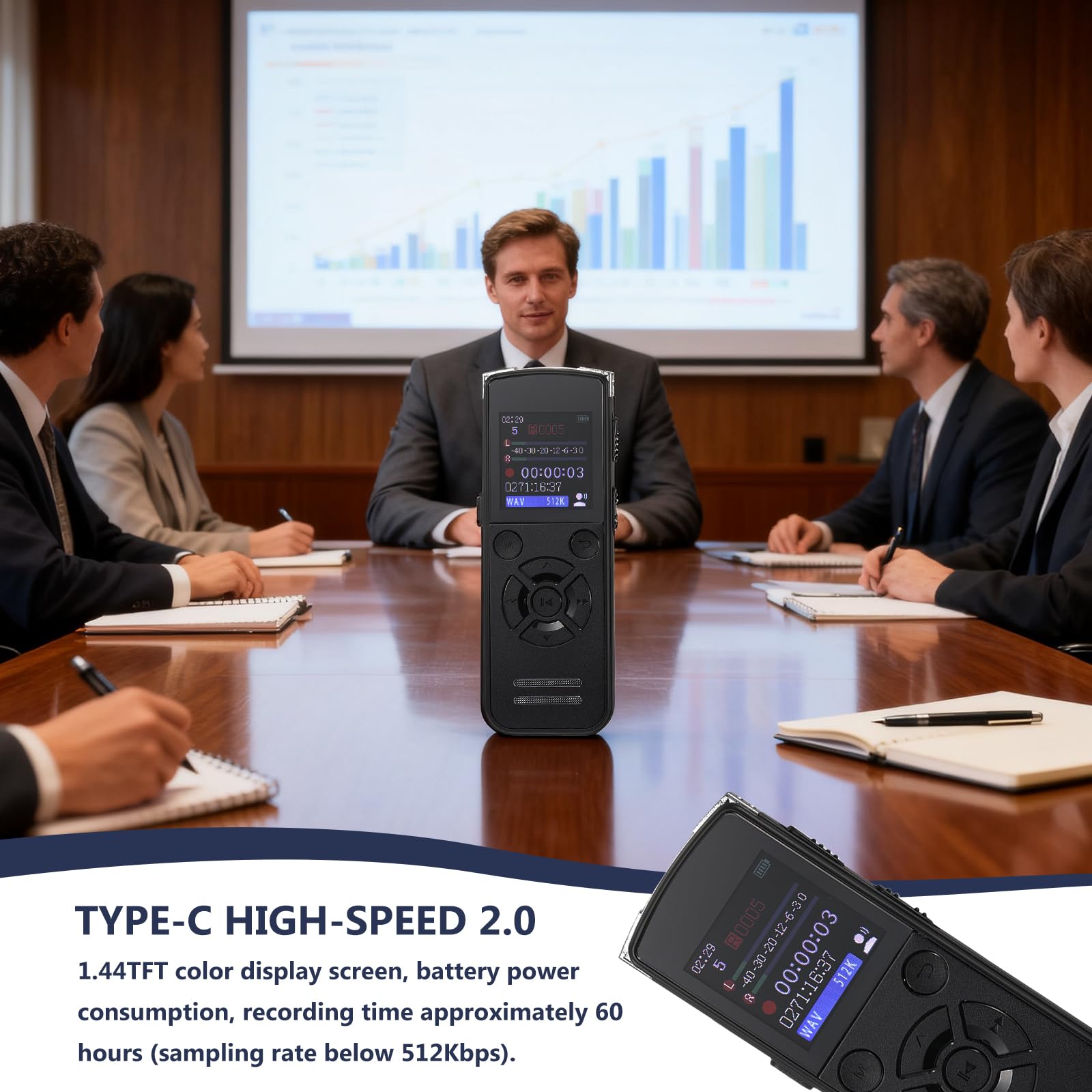 Registratore vocale digitale da 64 GB, registratore vocale portatile con USB-C, registrazione one-touch, riproduzione, riduzione del rumore, registratore audio ricaricabile per riunioni, interviste