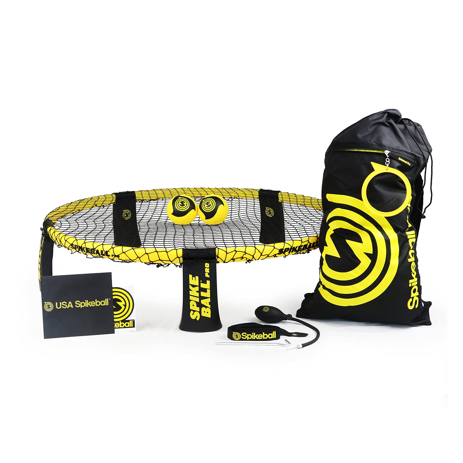 Spikeball Reaktionsspiel Pro | Bruchsicherer Kunststoff Rahmen, reißfestes Netz, Bälle mit Noppenstruktur, Ballpumpe | Mit Rucksack | Schwarz Gelb | Für Outdoor Teamspiel Fitness