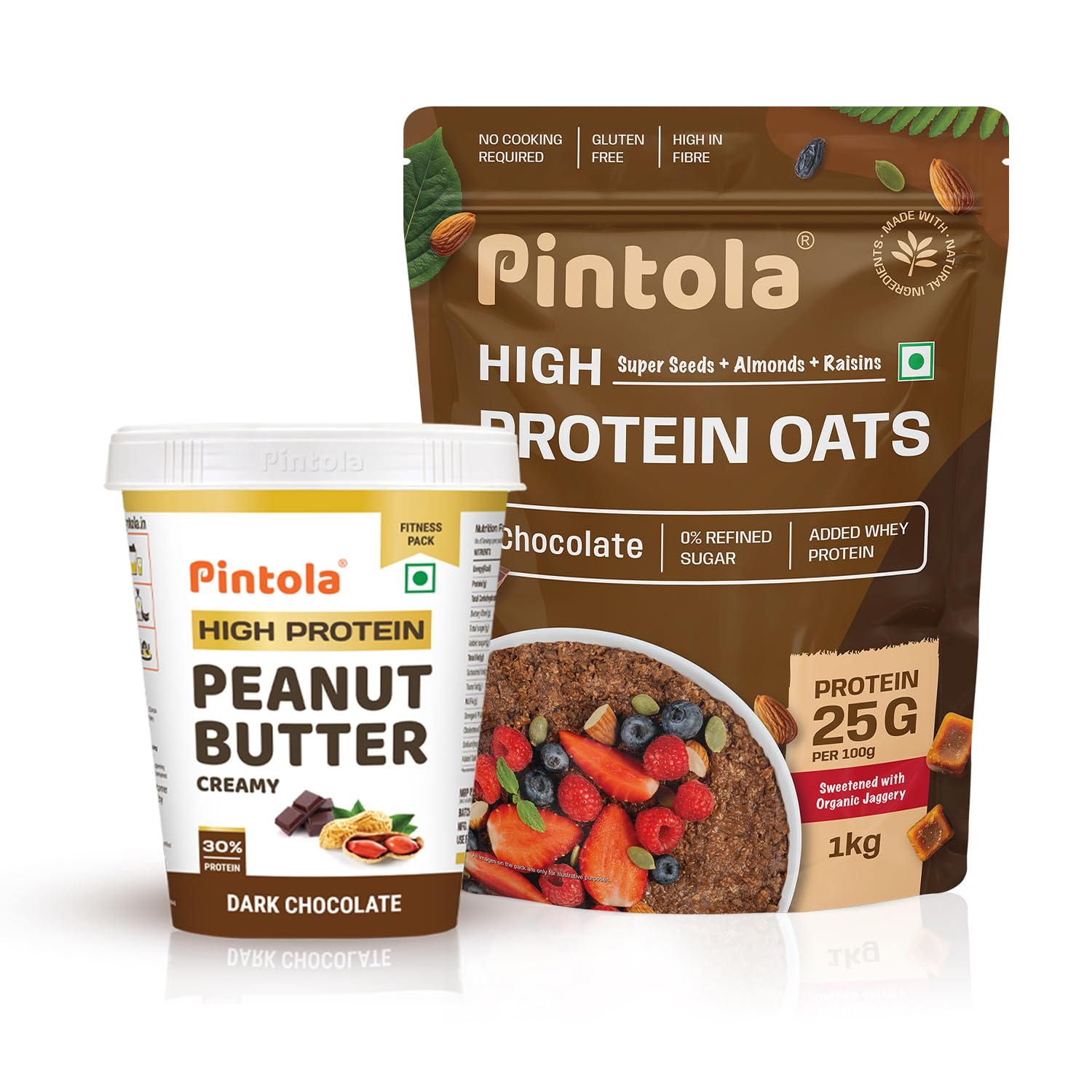 Pintola Fitness Combo: High Protein Chocolate Flavour Creamy Peanut Butter 1kg, Added WHEY Protein, 6.2g Fiber, Gluten Free, No Trans Fat & 22g High Protein Dark Chocolate Oats 1kg, No refined sugar