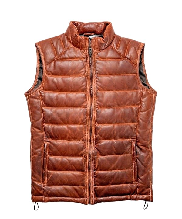 Zulin Brown Distressed Quilted Puffer Down Leather Vest Men| Lightweight vest men | Down leather real men vest | (US, Alpha, 4X-Large, Regular, Regular, Leather) by Zulin - Used condition - US$47.83