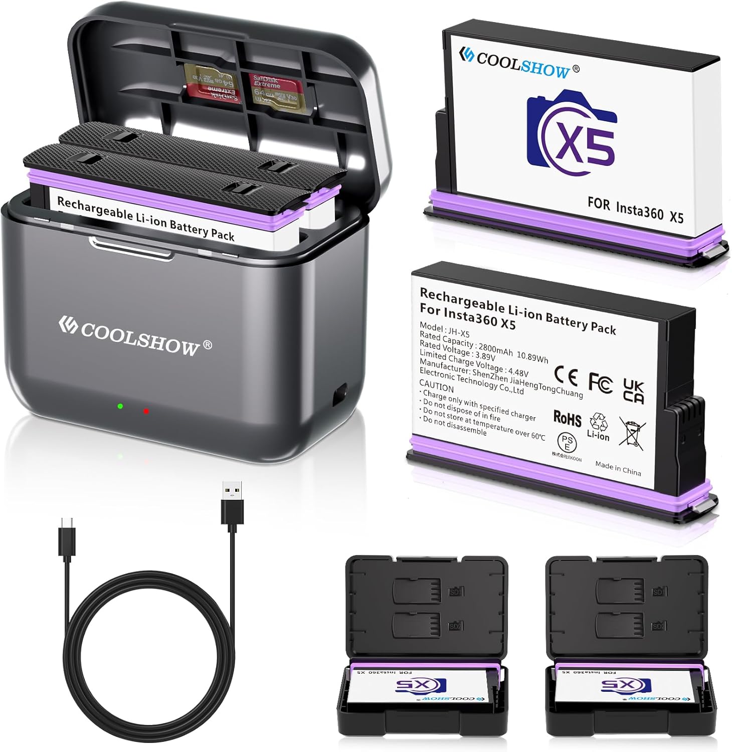 COOLSHOW 360 X5 Battery 2800mAh 2 Packs with Protection Case and Fast X5 Charger Hub Battery Storage Box Design Compatible with Insta360 X5 Camera