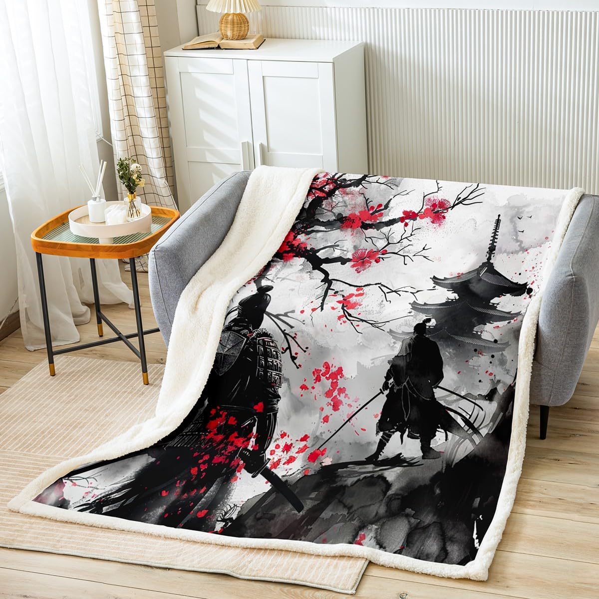 Homemissing Japanese Samurai Fleece Throw Blanket Single 50"x60" Kids Japanese Ukiyoe Plush Blanket for Boys Girls Cherry Blossoms Home Decor Sherpa Blanket Japanese-Style Fuzzy Blanket